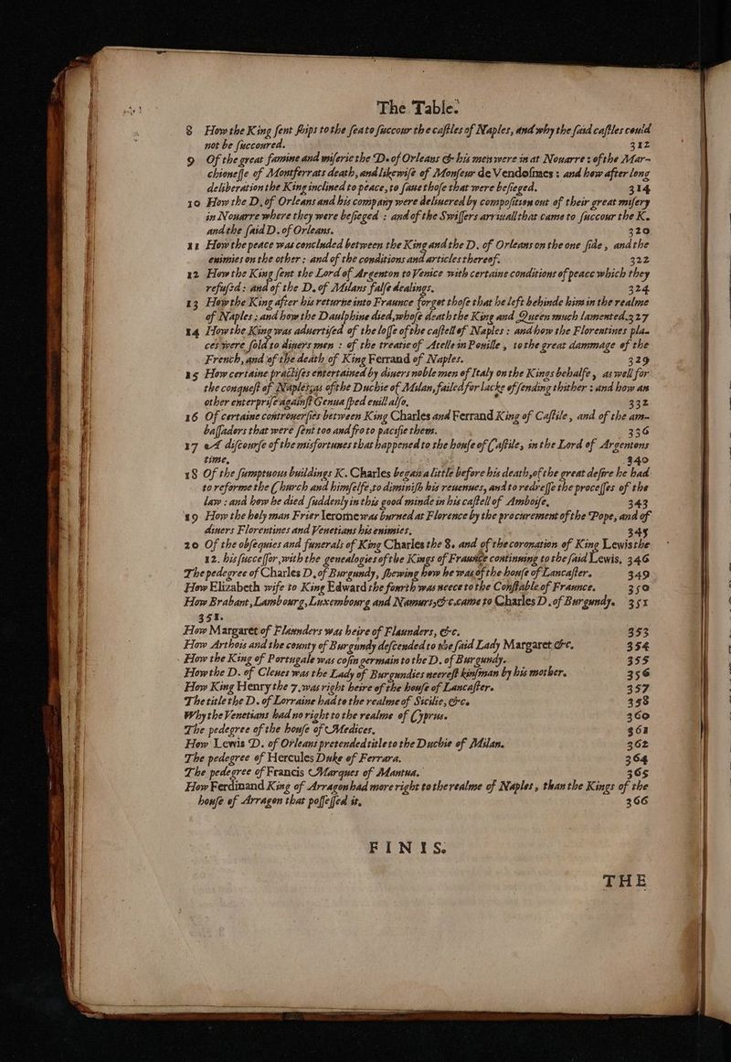 a oq ee Ser a ee not be fucconred. 312 chioneffe of Moutferrats death, and lskews(e of Monfeur deVendolmes : and how after long deliberation the King inclined to peace, to fanethofe that were befieged. 314 10 How the D, of Orleans and his company were delsuered by compofitzon ont of their great mifery in Nonarre where they were befieged : and of the Swiffers arriuallthat came to fuccour the K. andthe (asd D.of Orleans. 320 ax Howthe peace was concluded between the King andthe D, of Orleans onthe one fide, andthe eximies onthe other ; and of the conditions and articles thereof. 32D 12 Howthe King fent the Lord of Argenton to Venice with certaine conditions of peace which they refujed: and of the D.of Mslans falfe dealings. 324. 13 Howthe King after his returhe into Fraunce forget thofe that he left behinde hinsin the realme of Naples; and how the Daulphine died whofe death the King and Queen much lamented.327 14 Howthe King was aduertifed of the loffe of the caftellef Naples : andhow the Florentines pla- ces were fold to diners men : of the treaticof AtelleinPonille , tothe great dammage of the French, and of the death of King Ferrand of Naples. 329 25 How certaime praclifes entertained by diners noble men of Italy on the Kings behalfe , aswell for the conqueft of Naplessas ofthe Duchie of Molan, failed for lacke of fending thither : and how an other enterprifeagainft Genua {ped enill alo, r 332 16 Of certaine contronerfies between King Charles and Ferrand King of Caflile, and of the am- bafjadors that were [ent too and froto pacsfie thew. 336 17 ef difcourfe of the misfortunes that happened to the honfe of ( aftile, inthe Lord of Argentons time, 840 18 Of the fumptuous buildings K. Charles began alittle before his death, the great defire he had to reforme the ( hurch and himfelfe,to dimsinifh his renenues, andtoredrel[e the proce(fes of the lav : and lew he died {uddenly inthis good minde in his caftell of Ambosfe, 343 89 How the hely man Frier leromewas burned at Florence by the procurement of the Pope, and of diners Florentines and Venetians his eniemstes, : 3 20 Of the obfequies and funerals of King Charles the 8. and of the coronation of King Lewisthe 12. bis{ucceffor with the genealogies of the Kings of Frawnce continuing tothe faid Lewis, 346 The pedegree of Charles D, of Burgundy, forewing how he wag.of the honje of Lancaffer. 349 How Elizabeth wife to King Edward the foarth was neece tothe Conftable of Frannce. 350 How Brabant, Lambourg, Luxembourg and Nawurs)é¢.came to Charles D .of Burgundy. 35x 35%. How Margaret of Flanders was heire of Flaunders, ec. 353 How Arthois and the county of Burgundy defcended to roe [aid Lady Margaret @e. 354 How the D. of Clenes was the Lady of Burgundies acereft kinfman by his mother. 356 The title the D. of Lorraine hadto the realme of Sitilie, GCe Why the Venetians bad no right tothe realme of Cyprus. The pedegree of the bone of -Medices, Hew Lewis ‘D. of Orleans pretendedtitleto the Duchie of Milan. The pedegree of Hercules Duke of Ferrara. The pedegree of Francis Marques of Mantua. 365 How Ferdinand King of Arragonhad more right totherealme of Naples , than the Kings of the houfe of Arragen that poffefed it. 366 FINIS.