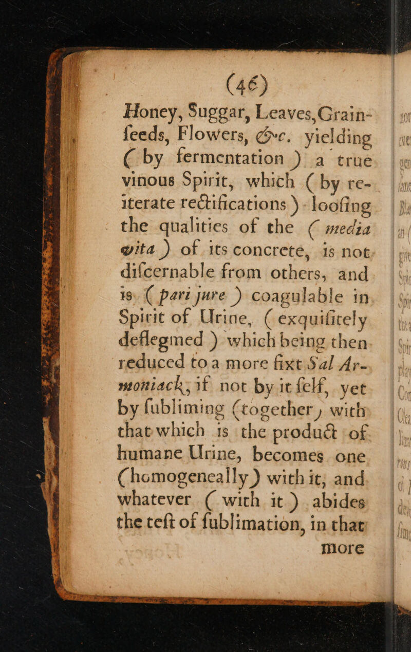 Honey, Suggar, Leaves, Grain- feeds, Flowers, Ge. yielding ( by fermentation ) a true vinous Spirit, which ( by re- iterate rectifications ) - loofing the qualities of the ( media wita ) of its concrete, is not difcernable from others, and is. ( part jure) coagulable in Spirit of Urine, C exquificely deflegmed ) which being then reduced toa more fixt Sal Ar- moniack, it not by it felf, yee by fubliming (together ) with that which 1s the produd of humane Urine, becomes one (hemogeneally ) with it; and whatever (with it.) . abides the ceft of fublimation, in chat more