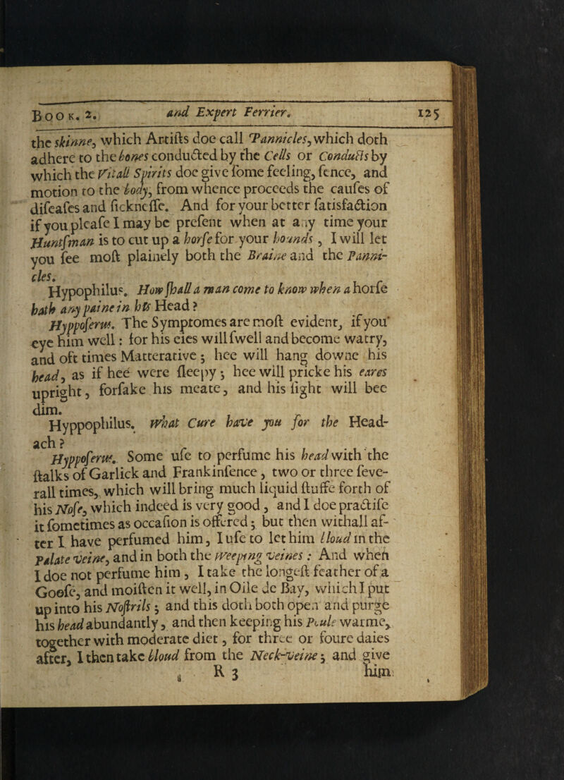 the skinne, which Artifts doe call Tannicles, which doth adhere to the banes conduced by the Cells or Conduits by which the Vltali Spirits doe give lome feeling, fence, and motion to the body, from whence proceeds the caufes of difeafes and fickneflfe. And for your better fatisfadion ifvoupleafelmay be prefent when at a ay time your Uuntfman is to cut up a horfe for your hounds, I will let you fee moft plainely both the Braine a ad the Panni- ties. Hypophilu?, Etowfhalla naan come to know when a horfe hath any paine in hit Head ? Hyppoferut. The Symptomes are moft evident^ if you eve him well: tor his eies willfwell and become watry, and oft times Matterative 5 hee will hang downe his head, as if hee were fleepy ^ hee will pricke his eaves upright, forfake his meate, and his light will bee dim. . Hyppophilus. wnat Cure have you for the Head- ach ? Hyppofem. Some ufe to perfume his head with the ftalks of Garlick and Frankinfence, two or three feve- rall times, which will bring much liquid Ruffe forth of his No(e, which indeed is very good, and I doe pradife it fometimes as occafion is offered; but then withal! af¬ ter I have perfumed him, I ufe to let him / loud m the Ptlate veine, and in both the weeping veines: And when I doe not perfume him , I take the longeft feather of a Goofe, and moiften it well, in Oile de Bay, which I put up into his Noftrils; and this doth both open and purge his head abundantly, and then keeping his Piule warme, together with moderate diet, for three or foure daies after. I then take blond from the Neck-veine x and give 4 R 3 him