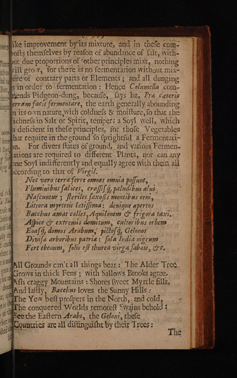 Potts themfelves by reafon of abundance of falr, with- ut_due proportions of “other principles mixt, nothing frill grov, for there is no fermentarion pe ee mix- pure of contrary parts or Elements ; and all dunging is 0 order fo fermentation: Hence C lume la com. weinends Pidgeon-dung, becaufe, fays he, Pre ceteris veer 270 facic | febmseitart: the earth aidan y abounding In its own nature with coldnefs &amp; poturssiD that rhe Jichnefs in Salt or Spirit, tempers a Soy! well, which | cin thefe principles, for thofe Vegetables i, phat require in the ground fo fprightful a Fermentati- ye For divers fates of feround, and various Fermen- , tations are required to different Plants,, norcan any °. “done Soyl indifter ently and equally agree with them all &gt; Iccording to that of Virgil. |. Nec vero terra ferre omenes omnia poffunt, Fluminibus falices, craffif 9g, paludibys alns. Nafcuntur ; feeriles faxofis montibus orni, Litwora myrtetis latiffima: denique apertos Bacchus amat colles ,Ageulonem &amp; WORE tax Alpice cr extremis domitismn. cultor ibus 5 oe Eoa{4, domos Arabum, piitof 4 4, Gelonos Diwvife arboribus patria: fola India mgrum Fert ebenum, folis eft thurea virga fabsss, one