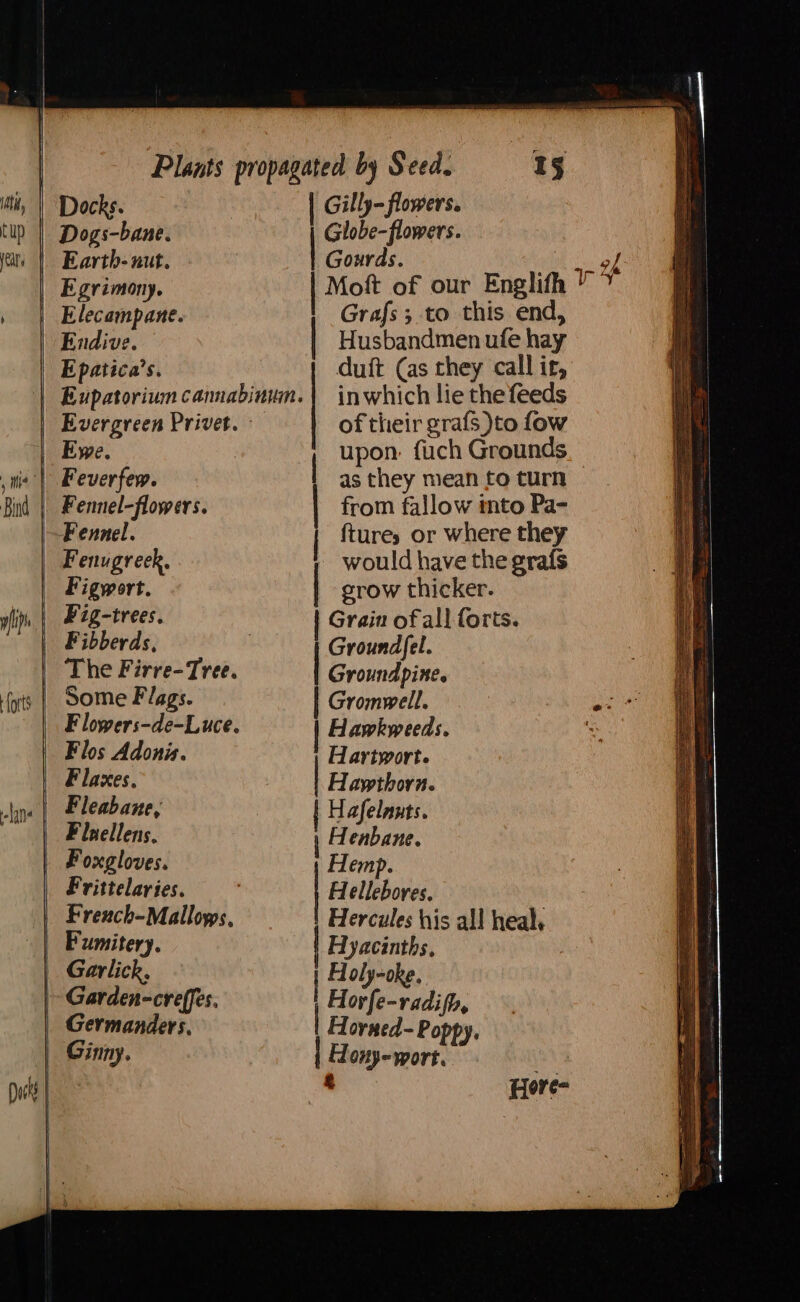 , ite ; Bind Dogs-bane. Earth- nut. Egrimony. Elecampane. Endive. E patica’s. Eupatorium cannabinum. Evergreen Privet. Ewe. Feverfew. Fennel-flowers. Fennel. Fenugreek, Figwort. The Firre-Tree. F lowers-de-Luce. Flaxes. Frittelaries. French-Mallows, Fumitery. Garlick, Garden-creffes, Ginny. 15 Gilly- flowers. Globe-flowers. Gourds. Husbandmen ufe hay duit (as they call ir, inwhich lie the feeds of their grafs )to fow upon: fuch Grounds as they mean to turn from fallow into Pa- fturey or where they would have the grafs grow thicker. | Grain of all forts. Ground{el. Groundpine. | Gromwell. | Hawkweeds. Hartwort. Hawthorn. | Hafelnuts. | enbane. Hemp. Hellebores. Hercules his all heal Hyacinths, Holyoke. | Horfe-radifo, Horned- Poppy, Hony-wort. £ | Grafs; to this end, Hore-