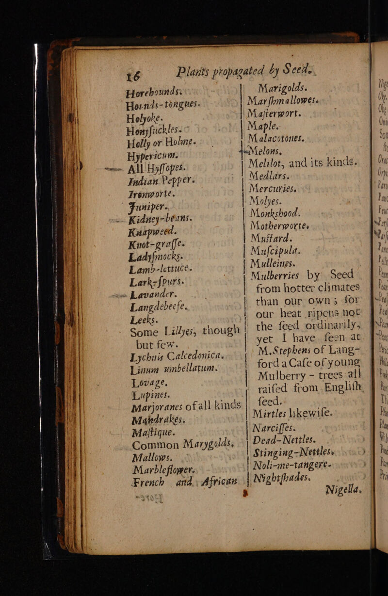Horebounds. Marigolds. Hoends- tongues. Mar fomallowes. Holyoke. Mafterwort. Honyfiuckles. Maple. Holl Hol M lacotort uly or CLOLMe « La acotores. Hypericum. wd elons, ~ All Hyffopes. | Nee and its kinds. Indian Pepper- Medlars. Tronworte. | ee UHiper ., Molyes. Sims ieeten: | Monkshood. id pt mae not-graffe. astard. “Pete retoee F amn-lettuce. . Lark-fpurs. Mulberries by Seed | from hotter climates | « Lavander. Langdebecfe. than our own; for : our heat ripens not the feed ordinarily, et I have. feen at Leeks. Some Lillyes, though but few. ford a Cafe of young Mulberry - trees all Lupines. | raifed from Englith Marjoranes of all kinds feed. . i), ile | oe hikewile. ajtique. arcifles. Common Marygolds. | Dead-Nettles. ; Mallows. Stinging -Nettless Marble flower. Noli-ine-tangere- French and. African Night{hades. | eQtt ; nr Nigella. Linum umbellatum. Lovage,