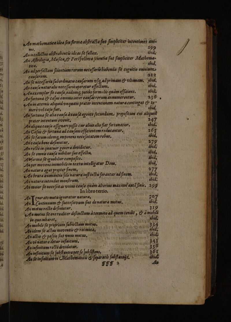 mt, : ( 199 An intelletius alffrabentia ideas [it fallax. 1 cibid, An Affrehgia, Mufica, t» Perffetisva fcientia fiut fimpliciter Matbermna- rice. [ sbid, 24s ad perfetlam fcientiam verni mece[ario babenda [i coruitio omnt cau[avum. . | 2123 2n (it weceffaría fubordmatre caufarum v[g, ad primam c vitamam. ibid, An caufa naturalis nece[fariooperetur effeclum, ibid, e dn exemplar ft cau(a, eadem, potis formolis quàm efJiciens. ibid, zn fortuna (y ca [ua owmmo inter can[as rerum aunumerentur. 236 e/ dn in eterna aliquid vuquav prater ántentionem natura contingat C te seré vel ca(n fiat, Fr tel  ibid. An fortuna [it alia cau (a dcan [d agente fecnndumes propoitnam esi aliquid prater intentum evenit, 247 Jn aliqua cana a[figmavi poffit ctr alis alio fiat fortumatior. .. Whüid. n Cauta ci7 fortuna ad cau jam efficientem reducantur, 263 n [i fatum idema, imponens wece[ntatem rebus, ibid, ^ ncan[a bene definiatur. — | ! | 279 zn vetlà in quatuor genera dividatur. dbid; 4a [it omma can[a nobilor (uo effecin, On MIU, Alpforma fit iguobilior compo[ito. ibid, An per movens immobile in textu intelligatur Dena. ibid, Annatura agat propter finem, t 277 vn bruta animantia fola nature nfHinHu ferantur ad fimem, ibid, An uatura intendat monflrum. dox x Pb ihid. An maior [it nece (ritas vind cauje qudm alterius maxime aute iuis, 299 | In librotertio. b : «9 Ene puotu ignoretur uatuva, Hn AE 307 An À (Continuum cf facce [sium (mr denaturá motus, ibid, Zn motui vele defiviatur, 31 un motra fit ens vealter diffintium à termitio ad quem tendit , C amobili js quo imbaret, Ee hin ew NR 1^ An mobile (it proprium fubielum motu, ^ 7 0 0. 003 34 Ap idem [it alus moventis Cr vtitibtay ———— yo o req 7 - 4n atio cj» pajsio fimt omma mot, 0 IM INA Mu vi nature detur infmitum, en ipo dc como 343 fn infivitum retlé dvidatur. Pyripaps ro) Vn infimituws ft [abf antia pev fe [nbfifem coo EL Mis ft infiitam is CMai Démanci qj feparatis [olas ^ 70 bia