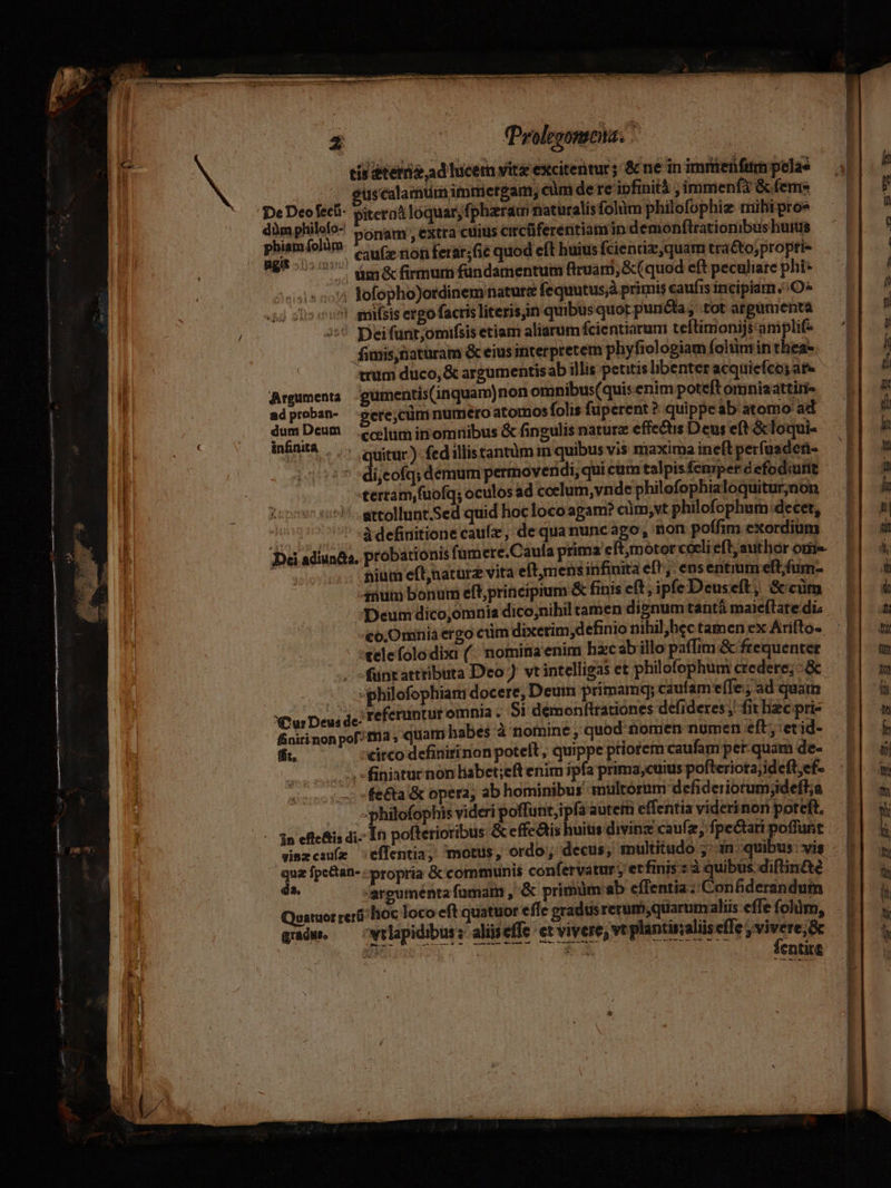 z (00 Polis: tis éterriz,ad lucem vitz excitentur; &amp; ne in imrienfitm pelae — eüscalamumimmiergam, càm de re ipfinità , immenfa &amp;femes De Deofecü- giterpa loquar, fphrraqi naturalis folum philofophiz mibi pros dump ponam, extra cuius circüferentiam in demonftrationibus huius iei audien caufz non ferar;fié quod eft buius fcienriz,quam tra&amp;to;proptie Ais 02:07 e e&amp; firmum fündamentum firuam, &amp;(quod eft peculiate phi* ;4 lofopho)otdinemnatura fequutus;à primis caufis incipiam ^O» «wt enifsis ergo facris literisin quibus quot punóta; tot argümenta  Deifunt;omifsis etiam aliarum fcientiarum teftimonijs aniplife fimis,naturam &amp; eius interpretem phyfiologiam folünrin thea. trum duco, &amp; argumentisab illis petitis ibenter acquiefco; dfe Argumenta. -gumentis(inquam)non omnibus(quis.enim poteft omniadttiri- adproban- -cere;curri numero atomos folis fuperent ? quippeab atomo ad dumDeum ecclumin omnibus &amp; fingulis nature effe&amp;tis Deus eft &amp;loqui- infinita. uitur)- fed illistantümin quibus vis maxima ineft perfuadeti- di,eofqs demum permovendi, quicum talpis femper defodiurit terram,fuofq; oculos ad ccelum, vnde philofophialoquitur;non attollunt.Sed quid hocloco apam? cüm,vt philofophum:decet, | àdefinitione caufz, dequanuncago; non poífim exordium anum bonum eft principium &amp; finis eft, ipfe Deuseft, &amp;cim Deum díco,omnia dico,nihil tamen dignumtantà maieftate. di: co.Omnia ergo cüm dixerim,definio nihil ,hectamen ex Arifto- cele folo dixi (nomina enim hzc ab illo paffim &amp; frequenter fuünrattributa Deo ) vt intelligas et philofophum credere; :&amp; - philofophiam docere, Deum primamqy caufam e(fe.; ad quam XCurDeu, dc: Feferuntur omnia ; Si demonftrationes defideres ; fit hec pri- finiri non pof fla ; quam habes à rniomine , quod nomien numen eft,:etid- ds circo definirinon potelt, quippe priorem caufam pet: quam de- -. -finiaturnon liabet;eft enim ipfa prima,cuius pofteriora;ideft;ef- -fe&amp;ta &amp; opera, ab hominibus mülrórum defideriorumjideft;a -philofophis videri poffunt; ipfa autem effentia viderinon poteft. vinzcaufe -effentia, motus, ordo, decus, multitudo ;: 1n quibus: vis | quz fpcttan- ; propria &amp; communis confervatur ; etfinis : à quibus difinae. s arguménta fumatn ,&amp; primüm:ab efTentia::Conbderandum Qustuor reró: lioc loco eft quatuor effe gradüs rerum, quarumaliis effe (oldm, quów. — wrlapidibus: aliiseffe etvivere, ve plantistaliis iig s UNT ra iln entire LcAMGLDU Rasa Ape rw e De E TL ——ÀáÀ - T -