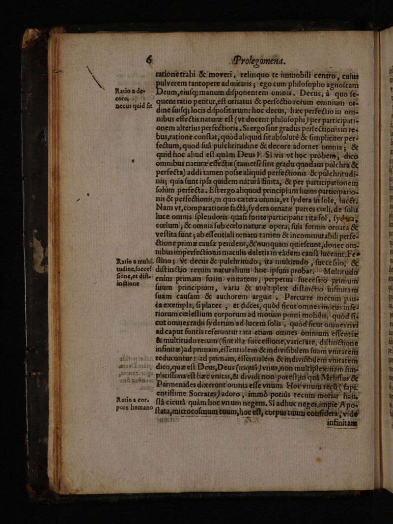n— —M— — 2 — MÀ EN 6 MProlegomena. ratione trahi. Sc moveri , relinquo te iminobili centro, cujus ulyerem tantopere admitaris ; ego cum philofopho 3enofcami eum,eiufq; manum difponentem omnia. Decus, à quo fe- quensratio petitur,eft ornatus &amp; perfe&amp;tiorerum omnium orz dine fuifq; locis difpofitarum: hoc decus,: bxcperfettioin omi- nibus cffe&amp;is naturz eft (vt docent philofophi) per patticipatis onem alterius perfectioris ,Siergo fint gradus perfeCtionisin re« bus,ratiorie conflat, quódaliquid fit abfolute &amp; fimpliciter per: fectum; quod fuà pulchritudine &amp; decore adornet omnia ; quid hoc aliud eft quàm Deus ? Si vis:vt hoc próbems; ;dico omnibus natürz effe&amp;tis (tametfi fint gradu quodam pülchra &amp;c perfecta) addi tamen pofse aliquid perfe&amp;ionis &amp; pulchritudi- nis; quia funt ipfa quidem náturáfiaita,: &amp; per participationem. folàm perfecta; Ettergo aliquod principium huius participatio- nis &amp; petfectionis;n- quo cxtera otunia,vt fydera in fole, 1ucét; Nam vt,comparatione fa&amp;tà,fyderaornata pattes cceli, de folis luce omnis: fplendoris: quafi fonte participatit tita fol', (yd4ga coclum , &amp; omnia fubccelo naturz opera; fuis formis ornata 8€ veftita fünt ; ab effentiali ortiatn tarrien &amp; incommutabili perfe? &amp;ione primz caufz pendenry&amp; munquani quiefcunt;doriec oriz nibusitperfectionis maculis deletisin eàdem cauf) luceant:Fe» Ratio a muli. ftino;; t decus &amp;:pulehrítüdo: ita: mulitado j fuccefsio; &amp;€ vudine/fuccef: diftinQtio reruin naturalium hoc ipfutt probar; |^ Máltitudo boneset dits! enim:primarm:faám» vilitatem j'perpetua^füccefsio primu infine (m principium, vária: &amp; multiplex diftinaio infiniram fuam caufam: &amp; authorem: arguit, Percurré mecum: páus ta exempla; fi placet |: et.di(ces, quód ficut omnes thótusinfei riorum cceleftium corporum ad rhotüm primi mobilis; quód (14 cut omnestadii fyderum ad. lucem folis:; quód ficat omnesriyi ad caput fontis referantur : ica: etiaat otriries' oninium effenrig &amp; multitudorerum (fiatille fücceffione;varictate, diflim&amp;iore infinite )ad'primam,efTentialem-&amp; indivifibileti fam valiitefig (5. reducuntur ad primam; éffentidlém Gindivifibilem vtitatem asi cep dicp quae eft. Deus,Deus (iriqua) vnus,non multiplesen4in fim» P esa, Piciflimaeftlizc vnitas,&amp; dividrnon:pote(tid quá Meliffus &amp; ! ., Parmenides dixerant omnia effe vnum; Hocvnumd à cü ( fapi: : entiflime Socrates) adoro ;:ámrnó potis tecuni mietiar: la ül Ratios €or« |flá cicutà quàm hoc vnum negem, Si adhuc népesinipie A pos pore hnmano (c, micróeofmum tuum,hoc eft, corpustuum cobfrderà ; vidé ape AJ infinitam E Ratío. a de» Coto, 5^ | Decus quid fit