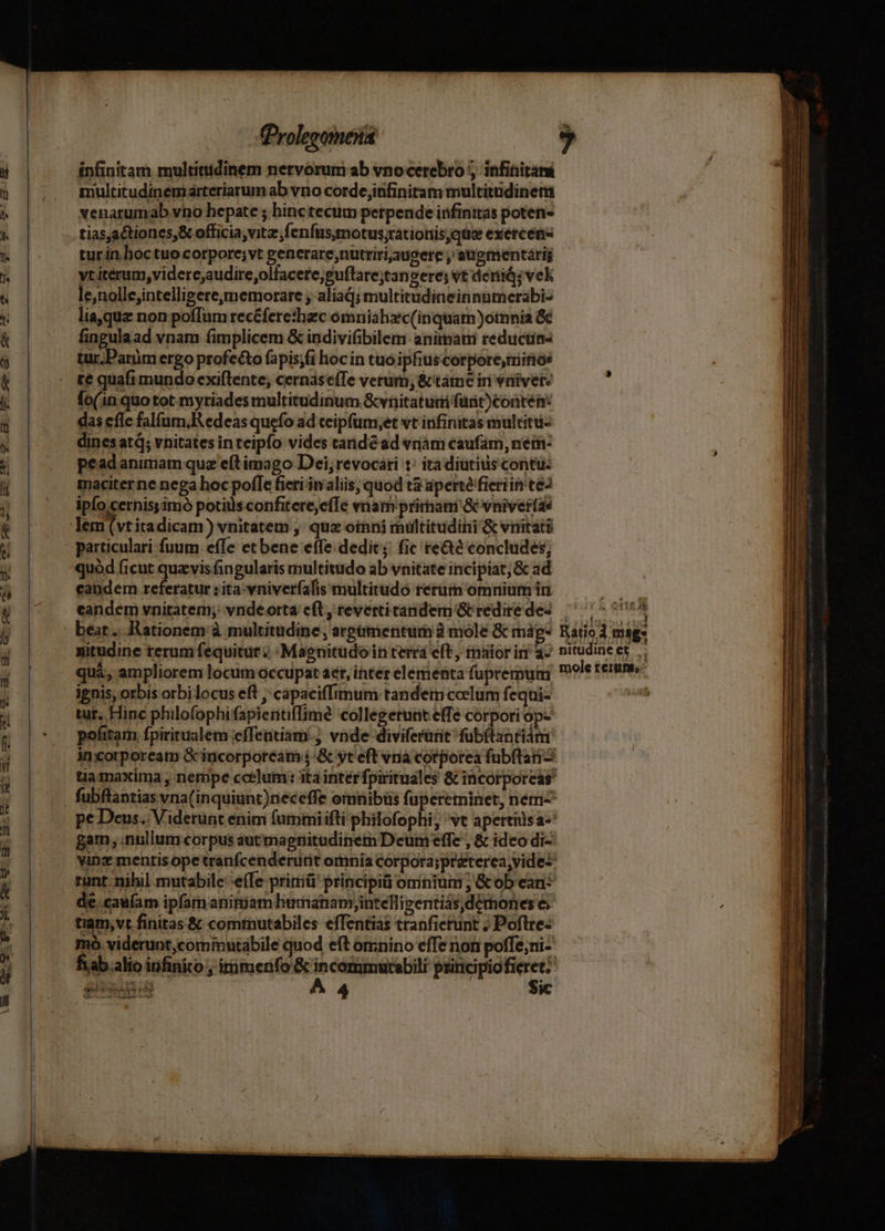 :fProlegomois infinitam multitudinem nervorum ab vnocerebro ;, infinitani multitudinemarteriarum ab vno corde;itifinitam multitüdinetn venarumab vno hepate ; hinctecum petpende infinitas poten- tias,actiones,&amp; officia, vita; fenfusmotus;rationis,que exercens turinloctuocorpore;vt gencrare;nutririauoere ; augmentárij vt itérum,videre,audire,olfacere;guflare;tangere; vt deriiá; vek le,nolle;intelligereomemorare ; aliad; multitudineinnumerabi- lia,quz non poffum recéferetchzc omniahzc(inquat)omnia &amp; fingulaad vnam fimplicem &amp; indivifibilem animati reductin- tur.Parüm ergo profecto fapis;fi hoc in tuo ipfiuscorpore;miirios te quafi mundo exiftente; cernaseíTe verum, &amp; tàme in vniver- fo(in quo tot myriades multitudinum &amp; vnitaturii fünt)conten: das efle falfum;Redeas quefo ad ceipfüm;et vt infinitás multiti- dines atq; vnitates in teipfo vides tanidéad vnàm caufam, nem: peadanimam que eft imago Dei, revocáti t: ita diatius contu. maciterne nega hoc pofle fieri invaliis, quod tà aperté fieriin te ipfo cernissimó potius confitere,cíTe vnam prirhani &amp; vniver(as particulari fuum. e(Te etbene effe dedic; fic re&amp;? concludes; quód ficut quavis fingularis multitudo ab vnitate incipiat; &amp; ad eandem referatur :ita-vniverfafis multitudo térüm omnium in eandem vnitatem;: vnde orta c(t, reverti tandem &amp; redire de- beat. Kationem à multitudine , argumentum à mole &amp; mág- nitudine terum fequitur; Magnitudo in terr eft, rnalor irr 4- qui, ampliorem locum occupat aet, inter elémenta fuprerpum ignis, orbis orbi locus eft ; capaciffimum tandem coelum fequi- tut. Hinc philofophifapieritiffime collegetunt.effe corpori óp- pohitarn fpiritualem ;effentiam-, vnde diviferarit fubítantiàm gam, nullum corpus autmagriitudinem Dcum effe , &amp; idco di- de. caufam ipfamaniniam humanam,intellizentiás,démones é fiab.alio itifinico ; iti menfo &amp; incommutabili psincipiofieret: p sad rep Sic pu mme de tas inia 2 Ina t ralusso 3 Ratio 4 mage nitudine et f mole temnt-