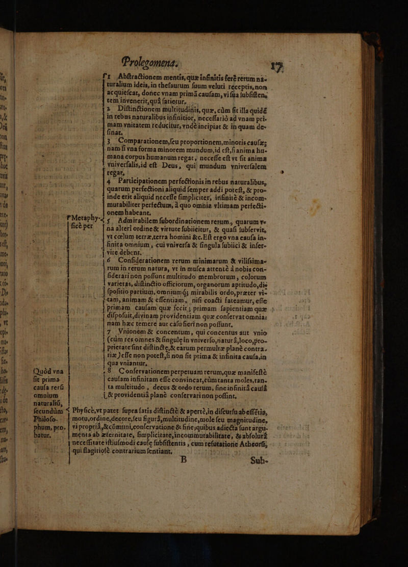 [ios aft (2 j de 119, am (Proleeomena; .ft Abftra&amp;ionem mentis, quz infinitis fert rerum n- acquieícar, donec vnam primá caufam, vi fua lubfifteng 4 tem invenerit,quá fatietur, ..— | 2 Diftin&amp;ionem multitudinis, quz, càm fit illa quidé | in rebus naturalibus infinitior, neceffarió ad vnam pri | mam vnitatem reducitur, vndé incipiat &amp; in quam de- finat. j ,3, ., Comparationem,feu proportionem, minoris caufz; nam1i vna forma minorem mundum,id cft, anima hiu- ga ! mana corpus humanum regat, neceffe eft vt fit anima : ; vniverfalis;id eft. Deus, qui mundum vniverfalem regar, T 4 Participationem perfectionis in rebus naturalibus, quarum perfcioni aliquid femper addi poteft, &amp; pro- j inde erit aliquid necefle fimpliciter, infinite &amp; incom- | mutabiliter perfe&amp;um, à quo omnia vltimam perfcüi- onem habeant. $, Admirabilem fubordinationem rerum, quarum re na alteri ordine&amp; virtute fuübiieitur, &amp; quafi fubfervit, | vt coelum terrz,terra homini &amp;c. Eft ergo vna eaufa in- | finita omnium , cui vniverfa &amp; fingula fubiici &amp; infet- | vire debenr. | | 6 Confiderationem rerum minimarum &amp; vilifsimae | rum in rerum natura, vt in mufca attenti à nobiscon- fiderarinon poffunt multitudo membrorum ; colorum varietas, diflin&amp;io officiorum, organorum aptitudo,die ] fpofitio partium, omniumd; mirabilis ordo, prater vi- «tam, animam &amp; cffentiam, nifi coa&amp;i fateamur, effe fMetaphy-2 | fict per | ! difpofuit,divinam providentiam qua confervatomnia: mam hzc temere aur cáfufieri non poffunr, 7. Vnionem &amp; concentum, qui concentus atit. ynio | (ciim res omnes &amp; (ingule in vniverfo,naturá,loco,pro- ] prietatefint diftin&amp;e,&amp; carum permultz plane contra. riz )effe non poteft,fi non fit prima &amp; infinita caufa;in — [ qua vniantur, d ; 4 8 f . : if fte Quód vna «8. Confervationem perpetuam rerum,quz manifefté fit prima caufam infinitam effe convincat,cümtanta moles,tan. . cauía rerü tà multitudo , decus &amp; ordo retum, fineinfinitá cauíá ompium 5 L&amp; providentià plan&amp; confervarinon poffint, naturaliü, H  4 : PS N um » * 5» fecundüm 9$ Phyfice,vt patet: fupra fatis diftin&amp;é &amp; aperte,in difcurfu ab effztia, Philofo. -.-| motu;ordine,decore,feu figurdmultitudine,mole feu magnitudine, hum, pro. | vi proprid,&amp;cómuni,confervatione &amp; firie;quibus adiecta funt argu- atur, menta ab zternitate, fimplicitate,incomtnutabilitate, &amp;abfolut , | neceffitateiftiufmodi cavfe fübfiftentis , cum refütatiorie Atheorfz; qui flagitiof&amp; contrarium fentiant, 921 | 'Sub-