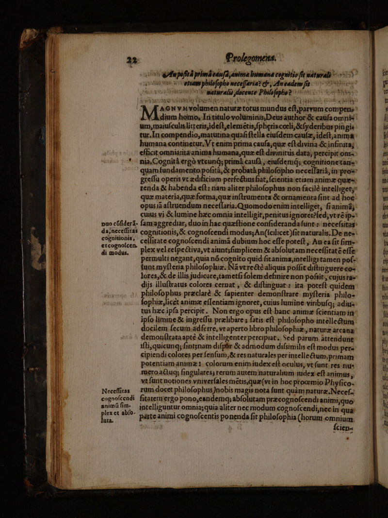 IDmueen. opu o MEC PRUDENS EIR MGE Re - - e coo Wfnpefitá prlmdeau[d dnime bumana cognitio ft wátyali ^ owe vetat pbilofopbo wece[faria? cf», 2d eadem: fi ANetrée | iiber i S weturalu doceute Pbilofopbo? 505 oe 8c (ye «TS um,maiufculislitteris,ideft,elemetisfpheriscoeli,&amp;fyderibus pin gis tur.In compendio,matutina quafiftella ciuídenmcaufz, ideftjanima humana continetur, Vt enim prima caufa;quz eftdivina &amp; infinita; efhat omniaritaanims humana;que eft divinitüs data; percipit om- *' nia,Cognità ergó vtcund; primá caufà , eiufdemq; cognitionetans quamfundamento pofitá,&amp; probatá philofopho neceffariá, in- pros greífu operis vt zdificium perfe&amp;tius fiat, fcientia ctiam animze quaes; renda &amp; habenda eft: nam aliter philofophus non facilé intelliget; quz materia,que forma,quz inftrumenta &amp; ornamenta fint:ad hoc: opus ià aflzuendum neceflatia.Quomodo enim intelliget, fianimá; cuius vi &amp; lumine bzc omnia intelligit;penitusignoret?[ed; vtre ips puo cófideri- famagerediar, duoin hac quzftione confideranda funt: necefsitas: da,necefíitas coenitionis, &amp; cognofcendi modus; An(cilicet)fit naturalis; De ne» : isti i cellitate cognofcendi anima dubium hoc effe poteft ,. Au ea fit fini- dimodus ^ plex velreípectiva,vtaiunt;fimplicem &amp; abfolutam neceffitatc effe permulti negant,quia nó cognito quid fit anima;intelligi tamen pof- funt myftera philofophiz. INà vtrc&amp;e aliquis poffit diftinguere co- lores,&amp; de illis judicare;tametfi folem definire non pofsit , cujus ra« dijs illuftratus colores cernat ,: &amp; diftinguat :: ita poteft quidem Jens q^ philofophus preclaré.&amp; fapienter: demonflrare. myfleria philo- fophiz,licct anima e(Ientiam ignoret, cuius luniine viribuíq; adiu: tus hzc ipfa percipit... Non ergo opus cft-banc animz fcientiam iri ipfo limine &amp; ingre(fu pralibare ; fatis. eft philofopho intellectum docilem fecum adferre, vt aperto libro philofophiz , naturx arcana demonílrata apté &amp; intelligenter percipiat. Sed parum àttendunt ifti,quicunq; fintjnam difptir &amp; admodum difsimilis eft modus pere cipiendi colores per fenfum; &amp; res naturales per intelle&amp;um;primam potentiamaanimz 1. colorum.enim iudex cít oculus, vt funt. res nue mero actuq; fingulares; rerum autem naturalium imdex eft animus . | vt funt notiones vniverfales metis.qua(vtin hoc procemio Phyfico. Neceffias — rüm docet philofophus)nobis ma gisnota funt quàm naturz.Necef-; cognoícendi. fitatem ergo pono,candemq; abfolutam przcognofcendi animi,quo animü fim. intelliguntur omniasquia aliter nec modum cognofcendi;necin quà fus. ^ 155 parteanimi cognofcentis ponenda fit philofophía (horum emnium. | C16D« « L