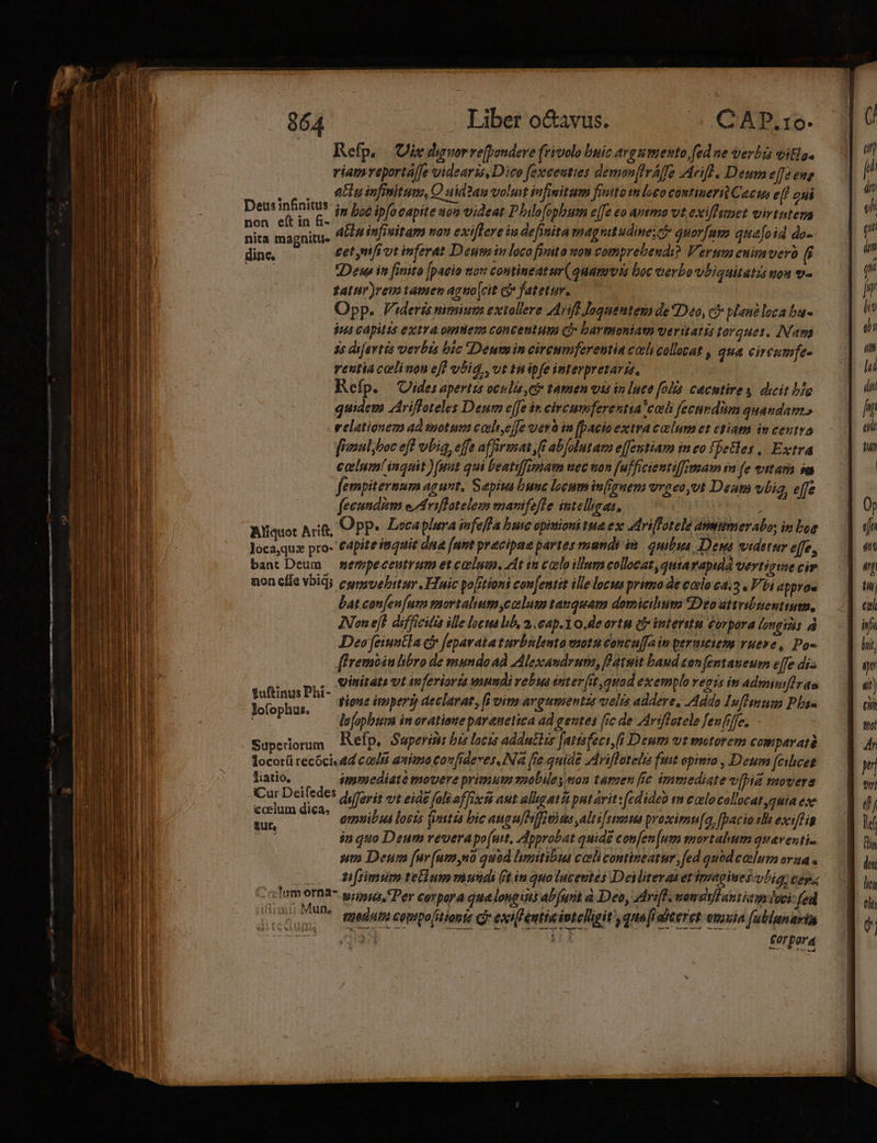 Refp. | Uis diuor rependere frivolo buic argumento, [ed ne verbi vitia. riamreportá/fe videaris Dico fexceuties demonflrAffe rift . Deum e[fe eus atig infinitum, O uid2an volut infmitum finito m loco contineri Cacus e[ zai ton. edit B. in bot ipfo capite aon videat Philofopbum e[fe eo Artmo vt exiffimet virtstena nita magnitu atia infinitam nan exiflere in definita magnitudine;c? quorfam quefoid do- dine. tet nifiot inferat Denm in loco finita vou comprebeudi? Veri euimver (8 man Des in [inito [pacio ttov contineatur( quamvis boc werbovbiquitatis uou *- Tat Hr)rem tamen aguo(cit c fatetur. mu Opp. Veris nimium extollere AAriff Jognentem de Deo, cj plane loca ba- ? jua capitis extra omtiem concentum C barmaontam veritatis torques, IN'am idi : 25 di(ertés verbis btc Dentnin circumferentia cochi collozat , qua cireumfe- Hn veutiacclinon ef] v5ig , vt tu ipfe interpretarts, | dE Refp. ides apertzs oculis cé tamen vts in luce fofà cacntire s dicit big quidem Arifloteles Deum effe ie circumferentia coh fecuedim quandam.» - elationem ad motum coelteffe verà in [pacio extra colum et ctiam in centro freulyboc eff vbiq, effe affirmat 8 abfolutam e[Jeutiam in eo fpetles ,. Extra coelum inquit )fuat qui beatifÀmnam uec non fufficientif[emam in fe etam m Jempitermum agunt, Sepia bunc looumin[iguem vraeo,vt Deum wbia, e[fe fecundim e Ariflatelem manifeffe intelligas, | Aliquot Arift. Oo pp. Lecapiura infeffa bnc cpittioni tue ex Ariffotele amiimerabo; in boe Jocaquz pro- &amp;4pite inquit dua [unt pracipae partes randi in. quibus Dess videtur effe, bant Deum — serpeceutrum et cadum, dit tn colo illum collocaz,quiavapida veytigime civ non cfe vbid; ersvebrtuy. Haic pojstions confentit ille locus primo de emo ca.3 . Vbi approe Mi Dat confenfum mortalium,colum tanquam domicihum 9Deo attvibuentium, ui Non eft. difficitia ille locua lib, 2.cap.10.de ortu (y interitu €orpora oueizis à [| Deo feiuntla c feparata turbulenta vrotu concuffa in teruictepm ruere, Do« ffremoin libro de mundo ad Alexandrum, Batuit baud on femtaseum e[fe dis qinitatt vt imferioris ndi rebua inter [it,quod exemplo regis in adminh rao fione imperg declarat, fi vim avgtementzs velis addere, Addo Inmflmum Pls« la(opbtm in oratione parauetica ad geutes [ic de Ariffotele fenfiffe. - Supedorum Refp, Superis bis locis addutizr jattsfeci i Deum wt métorem comparaté locorürecóci.dd cool atimo confideves. NA ffe quide ZAriflotelts fuit opimto , Deum feiiices latio, | ipimediaté mouere primum saoolbiles eon tamen fic immediate v[pia movera Cur Deifedes deffarít vt eide fols affix is aut allsgatit putarit:[edideo tm colo collocat quía ese — (nno EDEN m — —— Deusinfinitus ———— '————— An € n : fuftinus Phi- ] lofophus. THEE iccelum dica. ; : Z4 Dudey 2 Iii | i bur omnibus losts (justia Inc augu[Ieff tiis alti[/rsmsema proxima, [pacio sl exiffig VID yu iu quo Deum reverapo(utt, /Approbat quide confen[um martalum quaventi- ^ TR um Deum [ur(um,no quod limitibus cceli contineatur, fed quód coelum arua « | nn . primum telum mundi (itin quo lacevtes IDeiliter as etímagines big cep Li REA AD Apto yos A FEN IT : E | | | ctam orna7. winpspcs Per coybora qua longins aP[unt a Deo, zAriff. wont anti loci: fed Tl. modum cewpo[itianie cy exiffentie intelligit qua iaiceret ansia fublanavin i Mun, | or pora Ce Lam m ADDIT ER