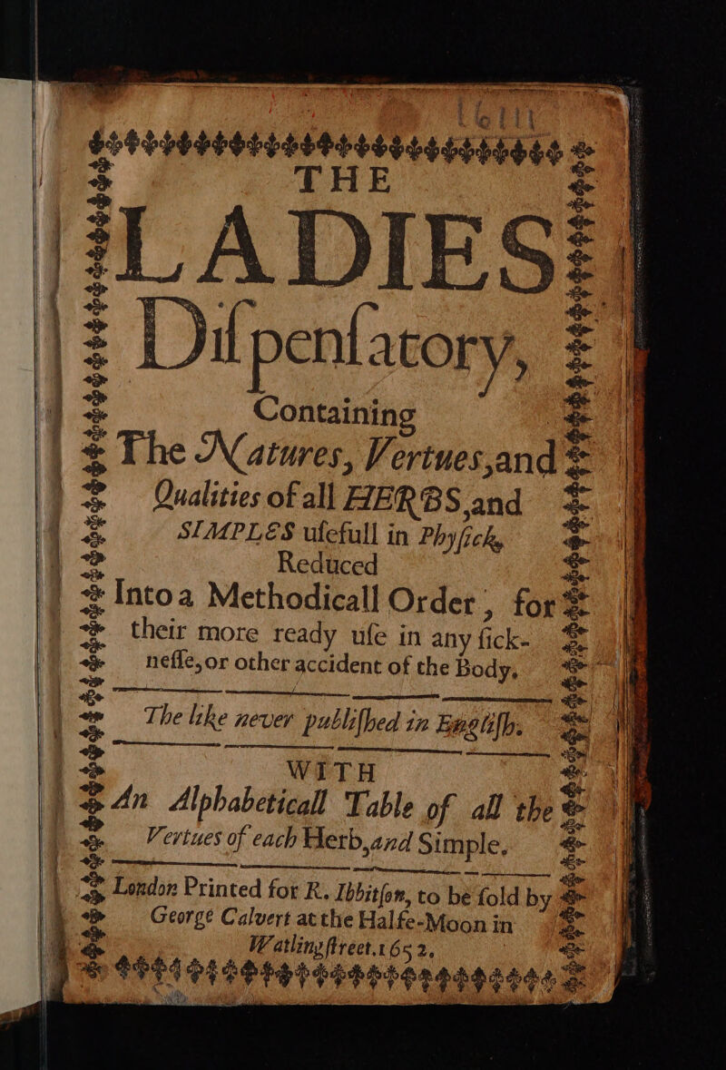 semanas anne a mee ae ee Reo RTs senna: curate -. eTOCs Stier re a rie pent. atory, 3 Containing The D(atures, Vertues and Qualities of all HERBS, and SIMPLES ufefull in Phy i Chy Reduced Intoa Methodicall Order , for = their more ready ufe in any fi fi Ck- ge nefle,or other accident of the Body, Steeeteseoenenegey Ge ES Peaeon ‘The like never - publifhed in Emelilh. WITH An Alpbabeticall Table of all the © Vertues of each Uerb,and Simple, _ “ee Aq q bbe * London Printed for R. Ibbit(on, to be. fold by fold by George Calvert atthe Halfe-Moonin «= Watling flrect.t 65 2, ile bu Ai PEPE EE EES S 42