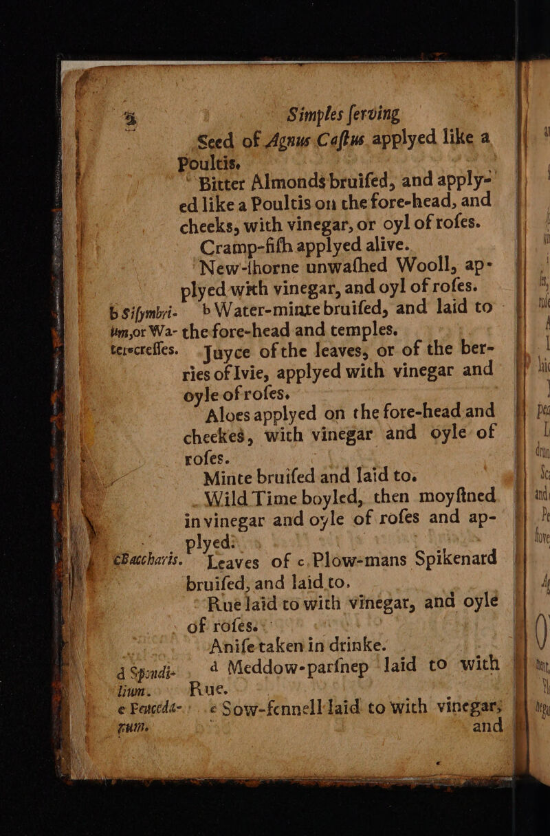 4% Simples ferving | Ee Seed of Agnus Caftus applyed like a a | Poultis. | * Bitter Almonds bruifed, and apply- ed like a Poultis on che fore-head, and cheeks, with vinegar, or oyl of rofes. Cramp-fith applyed alive. New-fhorne unwafhed Wooll, ap- plyed with vinegar, and oy! of rofes. bSifymbi- &gt; Water-minte bruifed, and laid to mor Wa- the fore-head and temples. | terecrefles. .Juyce ofthe leaves, or of the ber- ries of lvie, applyed with vinegar and oyle of rofes. Aloes applyed on the fore-head and cheekes, with vinegar and oyle of rofes. , o Minte bruifed and laid to. Wild Time boyled, then moyftned invinegar and oyle of rofes and ap- -_ plyed: EBatchavis. “Leaves of c.Plow-mans Spikenard bruifed, and laid_.to. Rue laid co with vinegar, and oyle of rofes.: Anife taken in drinke. lium. Lue.