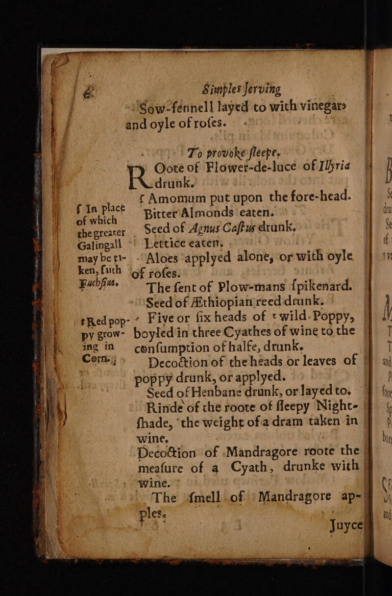 Sow-fernell layed to with vinegars and oyle of rofes. join! 095) To provoke’ fleepe. Oote of Flower-de-lace of Ilhria tN. drunk. Fite pct ¢ Amomum put upon the fore-head. OF He Ath Bitter’Almonds eaten. the greater Seed of Agnus Caffw drank, Galingall -' Lettice eaten. | en tach abcd bia alone, or with oyle Fuchfits The fent of Plow-mans {pikenard. Seed of Aithiopiamreed drunk. | ¢ Red pop- Five or fix heads of t wild. Poppy, | py gow- boyled/in three Cyathes of wine to the | ing in — confumption of halfe, drunk. Corn); Decoétion of the heads or leaves of | poppy drunk, or applyed. Seed of Henbane drunk, orlayedto, © Rinde of the roote of fleepy Night- fhade, ‘the weight ofa dram taken in | wine. oe Decoftion of .Mandragore roote the | meafure of a Cyath, drunke with | wine. | The fmell of ‘Mandragore ap-) ples. oa :