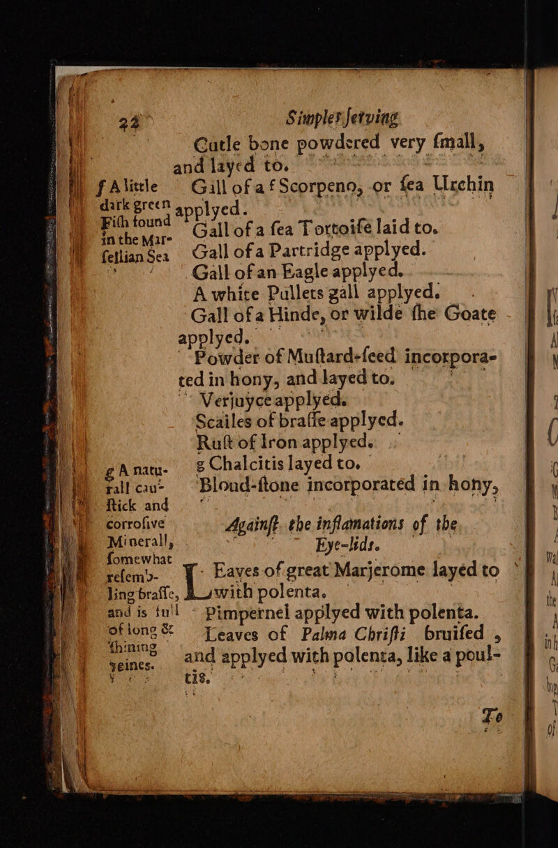 Gatle bone powdered very fmall, i ty LEP ee COs 2 eS ae ) fAlitle Gill ofafScorpeno, or fea Uxchin dark green Gall ofa Partridge applyed. Gall of an Eagle applyed. Awhite Pallets gall applyed. Gall ofa Hinde, or wilde fhe Goate apolydd at) Maa Powder of Muftard-feed’ incorpora- tedinhony, andlayedto, 9 | ~~ Verjuyce applyed. Scailes of braffe applyed. Ruft of Iron applyed. .- Anatu. % Chalcitis layed to, | tall cau- — Bloud-ftone incorporated in hony, Rick and =“ soe ho Mar aed: corrofive Againft. the inflamations of the Mineral, Byes SOMES 71 Ne fomewhat ei | relem»- Eaves of great Marjerome layedto »| lingbraffe, Ruwithpolenta. | and is fu'l - Pimpernel applyed with polenta. Bons &amp; Leaves of Palma Chrifti bruifed , ming l m Z : Seines, 42d applyed with polenta, like a poul- C1.