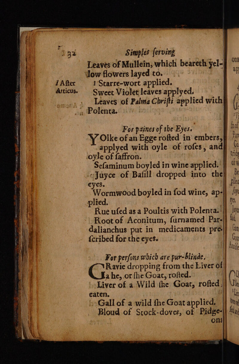 i After AIticus. Leaves of Mullein, which beareth yel- 1-Starre-wort applied. Sweet Violet leaves applyed. | Leaves of Palma Chri(ti applied with For paines of the Eyes. : ¥Y Olke of an Egge rofted in’ embers, oyle of faffron. “Juyce of Bafill dropped into the| eyes. y Wormwood boyled in fod wine, ap- plied. i Rue ufed as a Poultis with Polenta.’ dalianchus put in medicaments pré {cribed for the eyes. For perfons which are pur-blinde, a he, .or {he Goat, rofted. | Liver of a Wild (he Goat, rofted | eaten. l j le ‘lit