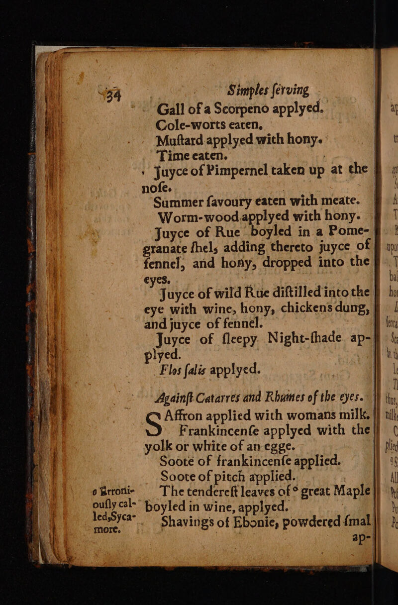 Gall of a Scorpeno applyed. Cole-worts eaten. Muftard applyed with hony. Time eaten. | | + Juyce of Pimpernel taken up at the | nofe. a Summer favoury eaten with meate. Worm-wood.applyed with hony. | Juyce of Rue boyled in a Pome- § granate fhel, adding thereto juyce of | fennel, and hony, dropped into the’ eyes. | : Juyce of wild Rue diftilled into the eye with wine, hony, chickens dung, | and juyce of fennel. | Juyce of fleepy Night-fhade. ap-| plyed. Flos falis applyed. | oufly cal-” hoyled in wine, applyed. . ot OS, BPE ace ee Shavings of Ebonie, powdered {mal} }, a 8 |