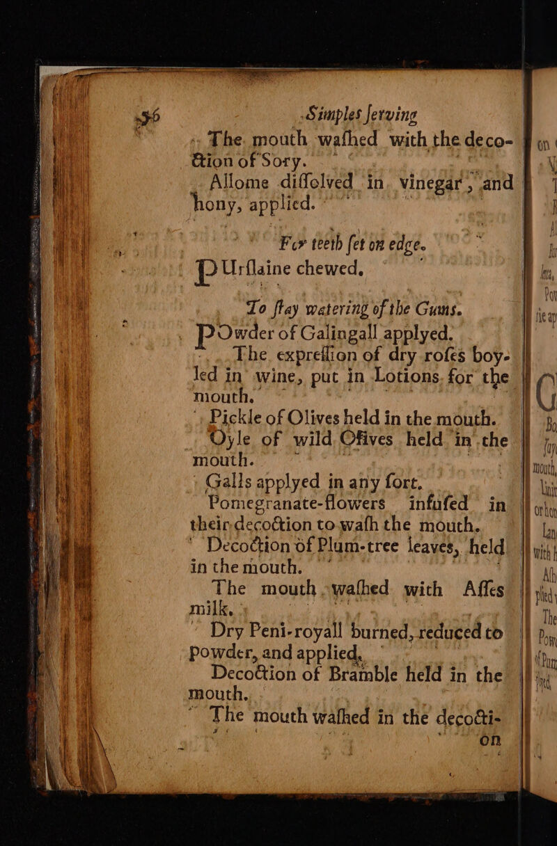 The. mouth wafhed with the deco- | Bion of Sorry.‘ Allome diffelved ‘in, vinegar , and | hony, applied. &amp; \ For teeth fet on edge. P Urflaine chewed, Zo ftay watering of the Gums. Owder of Galingall applyed. The expreflion of dry rofes boy- |} Jed in’ wine, put in Lotions for the |j mouth, Pickle of Olives held in the mouth. Oyle of wild Ofives held. in’ che mouth. | Galls applyed in any fore. Pomegranate-flowers infufed in their decoétion to.wafh the mouth. Deco¢tion of Plam-tree leaves, held inthemouth. * The mouth , wathed with iS milk, - ’ Dry Peni-royall burned, reduced to Powder, and applied, _ Decoétion of Bramble held in the mouth.  The mouth wafhed in the deco&amp;i- toe