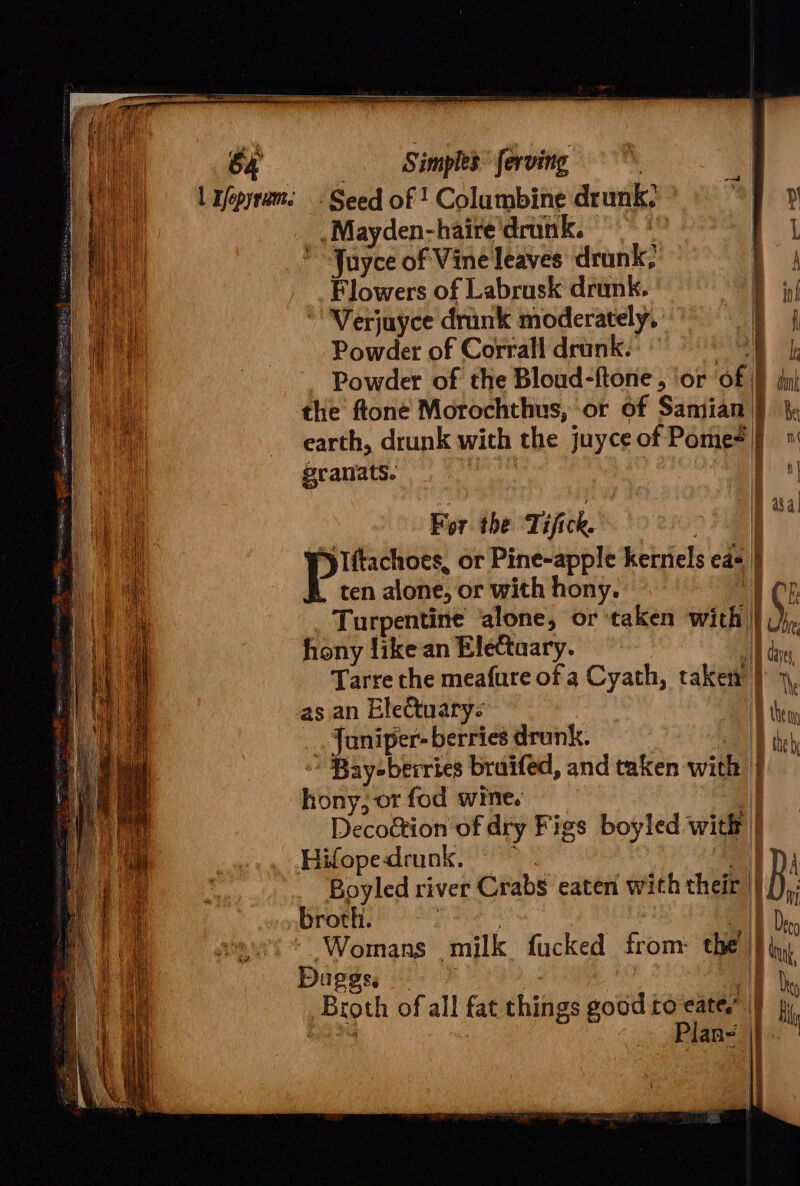 ‘Seed of ! Columbine drunk? ‘oF yp . Mayden-haire‘drunk. | Juyce of Vine leaves drank; ww Flowers of Labrusk drunk. iy Verjuyce drink moderately, . i Powder of Corrall drank. av We Powder of the Bloud-ftone, ‘or ‘of Fd) the ftoné Morochthus, or of Samian |} } earth, drunk with the juyceof Pomes |} ™ granats. | 14 | 84 For the Tifick. i: yIftachoes, or Pine-apple kerriels ed | ten alone, or with hony. ” i _ Turpentine ‘alone, or ‘taken with ||), hony like an Electuary. | ee Tarre the meafure of a Cyath, taken}, as an EleCtuary: the _ Juniper- berries drunk. ine Bay-berries braifed, and taken with | hony; or fod wine. | Decotion of dry Figs boyled with |] Hifopedrunk, ~~. IDA ~ Boyled river Crabs eaten with their ||  broth. | | SN Dec alan ie milk fucked from the jf bu uggs. os Tt 4. Broth of all fat things good to-eate.” | ‘ it ie