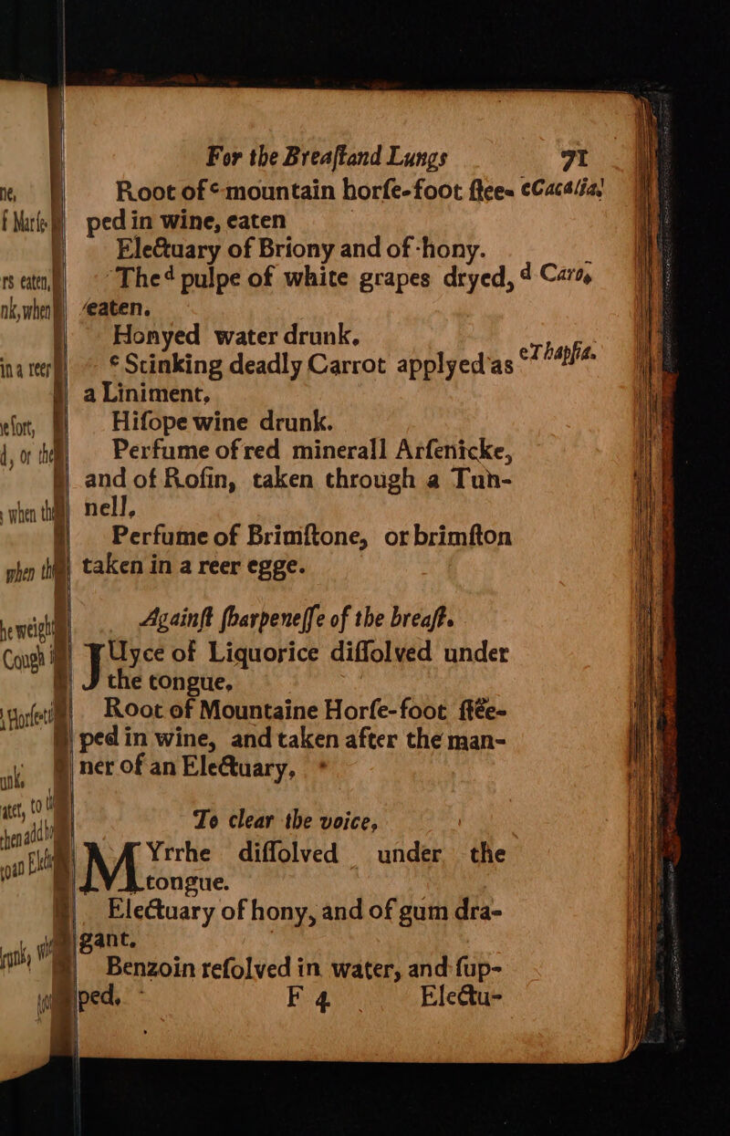 | Root of “mountain horfe-foot fhee= ¢Caca/fa! f Marl) ped in wine, eaten ) Ele&amp;uary of Briony and of -hony. , seattut| °° Dhe4 pulpe of white grapes dryed, 4 Caro, ok,when) eaten. }) | Honyed water drunk, rhanfa ina ery) ~ © Scinking deadly Carrot applyed’as si i a Liniment, fort, | | Hifope wine drunk. 1, 0 i Perfume of red minerall Arfenicke, 5} and of Rofin, taken through a Tuh- hen thi) nell, =| Perfume of Brimftone, or brimfton ohen | taken in a reer egge. sentictl Againft foarpeneffe of the breaft. Cough i Uyce of Liquorice difflolved under = J the congue, Yoetlla! ~. Root of Mountaine Horfe-foot ffée- §) ped in wine, and taken after the man- ak ee of an Ele&amp;tuary, a, | To clear the voice, ri a Yrrhe diffolved under the ie A tongue. Electuary of hony, and of gum dra- : i Zant, . ah Wl ° : m Benzoin refolved in water, and: fup- | \ |