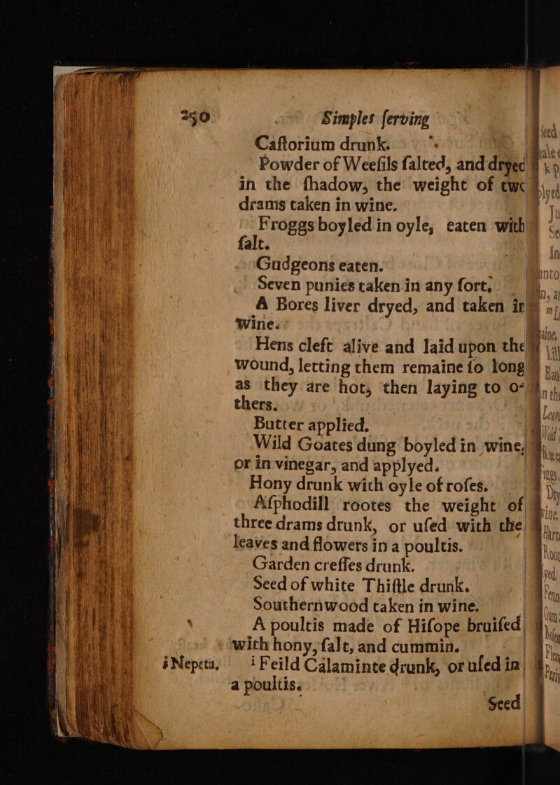 i Nepsta, Caftorium drunk : bi Powder of Weeflils falted, and dryed § |, » dramis taken in wine. ‘ Froggs boyled in oyle, eaten with falt. Gudgeons eaten. Seven punies taken in any fort, 5 A Bores liver dryed, and taken il) 1, Wine. Biine Hens cleft alive and laid upon the ¥ |, wound, letting them remaine fo long) as they are hot, then laying to o- thers. Butter applied. | Wild Goates dung boyled in wine, 9, or in vinegar, and applyed. on. Hony drunk wich oyle of rofes. a) Afphodill ‘rootes the weight of 9. three drams drunk, or ufed with the leaves and flowers in a poultis. Garden creffes drunk. Seed of white Thiftle drunk. Southernwood taken in wine. | A poultis made of Hifope bruifed) 4). with hony, fale, and cummin. | i Feild Calaminte drunk, or uled in: a poultis. ‘ aor a | Seed.