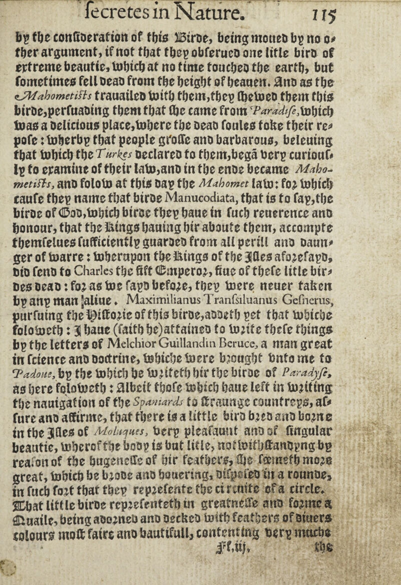 bs tbe cotilloe ration of this 13;roe, being motteD bs no o* fber argument, if not that tbes obferuco one lifle biro of extreme beautie, tobteb at no time foticijea tfje eartft, but fometimes fell beau from the height of beanen. £no as tbs ajMahometists t rauaileti toitb them,tbes fljetoeo them tbis biroe,perfuaoing them that the came from ‘ParadifefoMO) toas a Delicious place,tobere tbe Deao foules tofee tbeir re* pofe : toberbs that people gfolTe ano barbarous, beleuing that tobicb tbe T,Urkes neclareoto tbem,bega tiers curiouf* ip to examine of tbeir lato,ano in tbe enoe became Maho- metisTrs, ano foloto at tbis oas tbe Mahomet lato: foj tobicb eaufe tbes name that biroe Manucodiata, tbat is to fas,tbe biroe of ŒoD,tobicb birae tbes baue in fucb reuerencc ano honour, tbat tbe fciags baaing bir aboute tbem, accompte tbemfeluesfufficientls guaraeD from all perill ana oaun* ger of toarre : toberupon tbe IWngs of tbe 3des afojefaso, Dio fena to Charles tbe fift (Emperor, fine of tbefe title bir* Des Deao : foj as toe fasti before, tbes toere neuer taken bs ans man Saline. Maximilianus Tranfsiluanus Gefncrus, purfuing tbe ^iltojie of tbis biroe,aatietb set tbat tubiebe folotoetb : 3 bane (faitbbe)attaineo to toeife tbtfe things bB tbe letters of Melchior Guitlandin Beruce, a man great in fcience anti Doctrine, tobicbetoere bjougbt tintome to ‘I* ado tie, bs tbe tiobteb be to^itetb bir tbe biroe of Paradyfi, as here folotoetb : albeit tbofe tobteb baue left in touting tbe nauigaf ion of tbe Spaniards to Srauags couufrcgs, af* fure ano affirme, tbat there is a little biro b:eo ana bojne in tbe |des of Mahouts, tiers pleafaunt ano of lingular beautie, toberof tbe boas is but title, nottoifbltanogng bp reafon of tbe bugeneSe of bir feathers, Uje fermsfb moje great, tobicb be luaae ano boueristg, oifpcfea in a rounoe, in fucb foot that tbes repeefente the emnife of a circle. SEbat little biroe repeefentetb in greatneffe ana fojme a aibuaile, being aeoeneti ano oecfeea toitb feathers of outers colours molt faire ano bautifull, contenting tiers mctcbe ff.iij, tbs