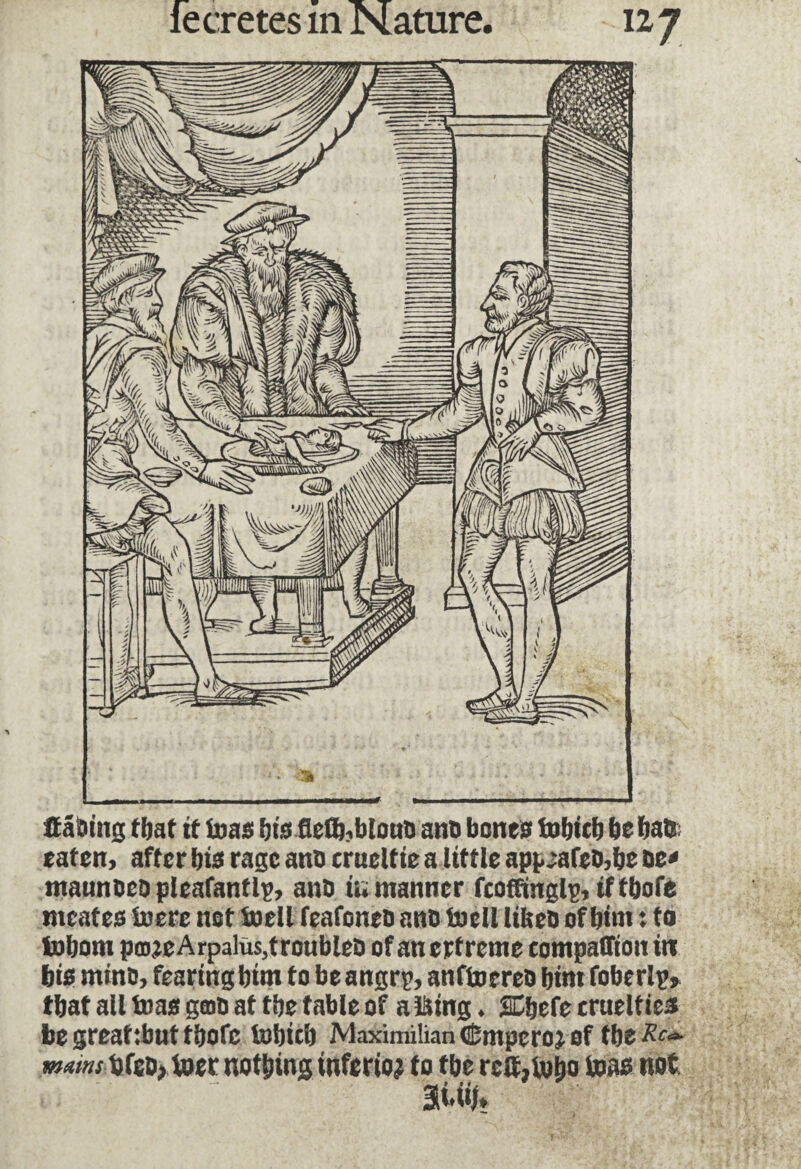Haloing that it teas bisfietb,blouO ano bones tobicb be bab eaten, after bis rage ano crneltie a little appafebjbe ne* ntaunoco pleafanfly, ano in manner fcoffingly, if tbofe meates to ere not toell feafoneo ano toell libeb of bint : to tobom poojeArpalus,troubles of an ertreme companion in bis mino, fearing bim to be angry, anftorreo bint foberly, tbat all toas gmo at tbe fable of a Bing. SCbefe cruelties be great tout tbofe tobicb Maximilian cSmperoj of tbe Rc» bftD) toer nothing inferior to tbe rctt,tot>o toas not