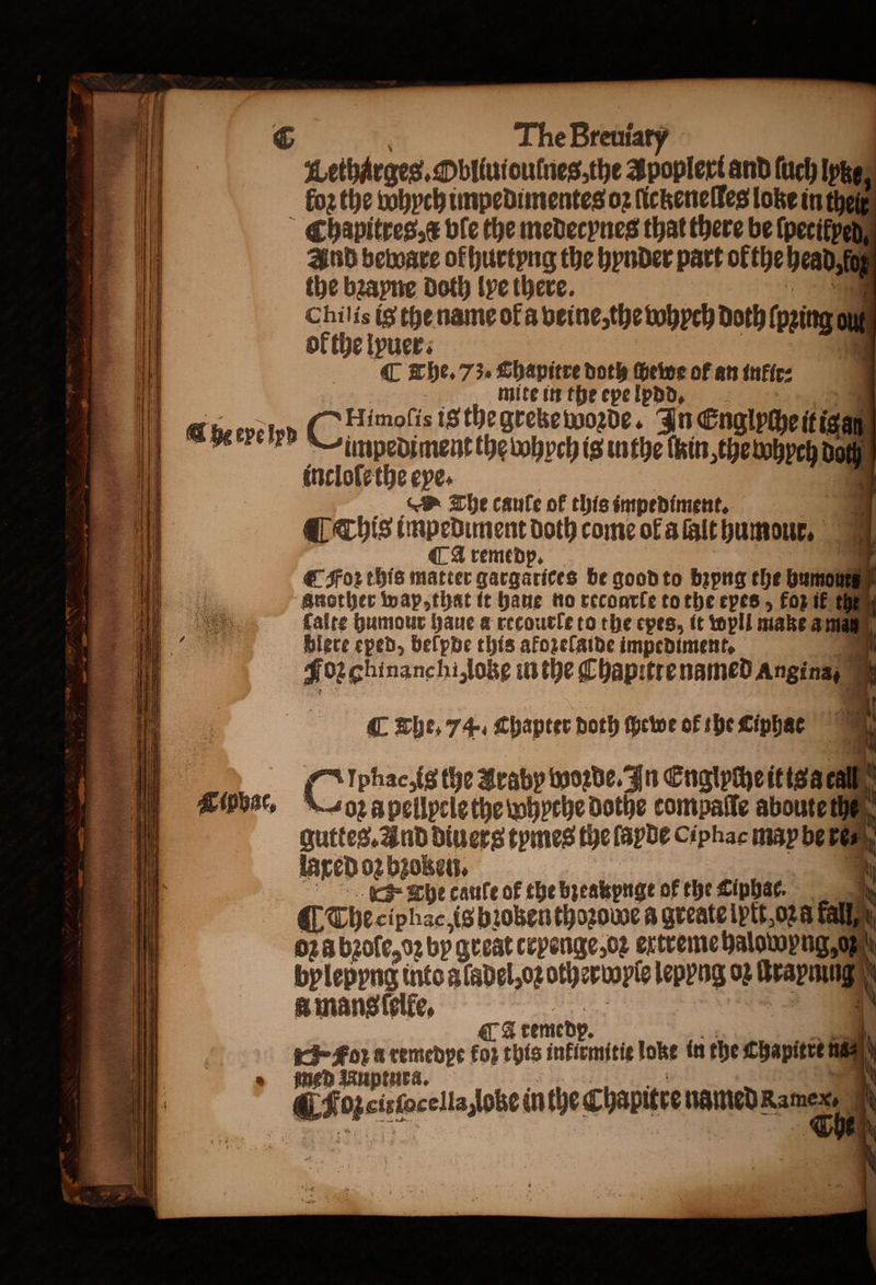 * E 1 4 7 r * r S Se Layee a thy) wr? * r Nene N * 2 ‘wr a’ * 3 e n N 222 SO laa wey ‘ 7 . 8 N ieee 2 a * e 2 Ry, ~ he * es = : os 5 * 1 2 4 ‘ 5 ien yas ee Sw Tahaan ‘Sb re a en e eu ine “Ree bens i Te ee ee NAS ae A (phat, LethAraes. Obliutoulnes, the Apoplex and ſuch Ipke, foz the Whych impedimentes oꝛ lickenelles loke in theß And beware ofhurtyng the hynder part ofthe bead i iy the bꝛayne Doth lye there. Chilis ig the name of a veine, the whych Doth peti ou ofthe ipuer: : C The. 73. Chapitre doth 197 5 of an inkir⸗ mite in the epe lydd impediment the whych is inthe Thin thewhreh Dat | incloſe the eye. The cauſe of this impediment. i @ This impedunent doth come ol a alt humour. q A remedy, * € Foꝛ this matter gargarices be good to bipng the humon another wap, that it haue no recourte to the epes , foz ik the faire humour haue a recourle to the cpes, it wpll make a n 1 blere eped, belpde this afozelaibe impediment, Foz chinanc hi, lokę in the C hapitre named Angina, ¶ The, 74. Chapter doth ſhewe of the Ciphac 4 i . Araby worde. In Englyche it is a ea oꝛ à pellpcle the whyche dothe compaſſe aboute ih 1 guttes. And divers tymes the lapde Ciphac may be bes laxed 02 bꝛotzen. q r The cauſe of the bzeakpnge of the Cip ha. CTheciphac, is bꝛokenthoꝛowe a greate lpft, oz 8 fe 028 bꝛoſe, oꝛ by great crpenge, oꝛ ertvemebalowwpng,0f . bplepyng into ape Len lepeng 02 wap A mans ſeike. aa cdp. 4 ned 1%
