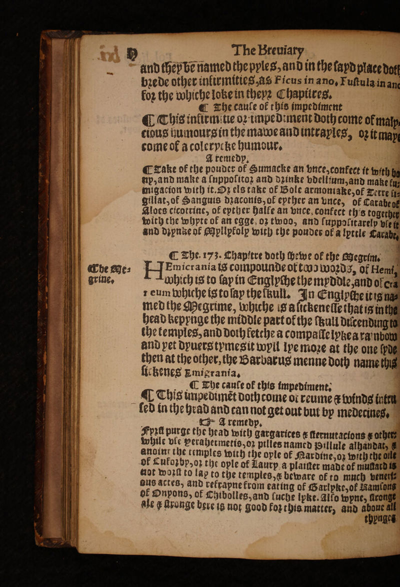 bꝛede other inkirmities as Ficus in ano, Fuſtula in an fo2 the vobichelobein theyꝛ Chaptires, @ The caule of this impediment C This infirmitie oꝛ impediment Doth come ok maly, cious humours in the mawe and intraples, oz it man come of aà colerycke humdur. A remedy, ¶ Take of the pouder of Sumacke an vnce, conkect it with bo np, and make a ſnppoſitoʒ and d2inke vdellium, and make ku; migacion with it. Oz els take of Bole armontake, ok Terre li⸗ Gillat,of Sanguis diaconts of epther an vnce, ok Carabegt Aloes cicotrine, of epther halle an vnce confect ths together with the whyte of an egge oz too, and luppolitarelp vie le and dꝛyntze ol Myllpkolp with the poudes ok a lpttle Carabe, 4 C The. 173. Chapſtre doth ſhewe of the Hegrim E Emicrania is compounde of th woꝛds, of Hemi, Which is to fay in Englyche the myddle, and of cra eum bohiche is to ſay the Rull. In Engloche it is na med the Megrime, whiche is a ſickenelſe that ig ot head kepynge the middle part of the ull dilcendingt the temples, and doth fetche a compalle lpkea ra n bow and pet dyuers tymes it wyll lye moze at the one (rae then at the other, the Barbarus menne doth name this fickenes Emigrania, | | The caule of this impediment. ¶ This tnpedimét doth come oi reume ct Winds inte i A remedp. J pre purge the head with gargarices &amp; ternutacions ¢ other while vic perahermetis, oz pilles named PBillule albandat, € of Cuforbp,o2 the ople of Laurp a plaiſter made of muſtard i not tort to lap to the temples , e beware ok to much wenene GUS Actes, and rekrapne krom eating of Garlpke, ok Ramone Of Onpons, of Chibolles, and luche Ipke. Alſo wyne, ronge ale ¢ Gronge bere is not good for this matter, and 1 — —