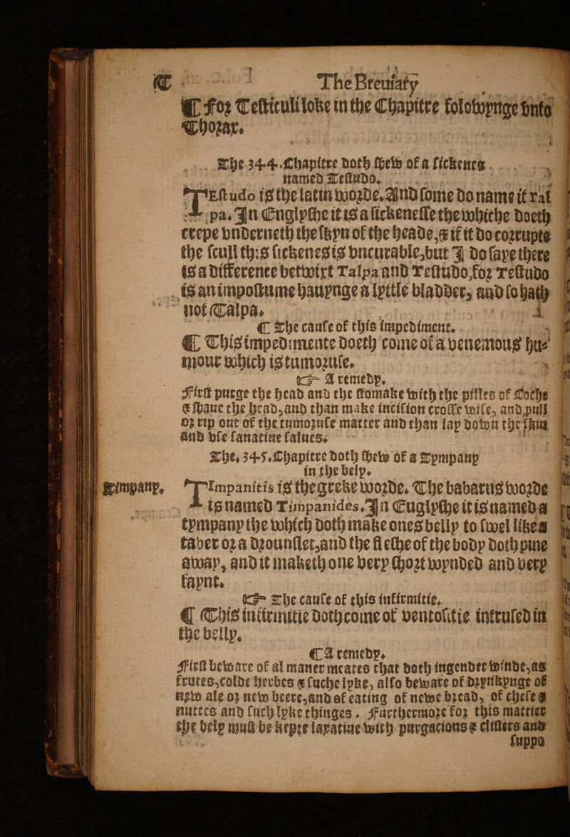 | | 2 U air | | &amp; 1 1 run. rane The Breufaty Thoꝛax. The 34.4. Suan noth ſhew of a fickenes named Teſtudo. 4E tudo ig the latin woꝛde. And ſome do name it rat pa. In Englyche it is a ſickeneſſe the whithe doeth crepe vnderneth the ſkyn of the beade a ik it do coꝛrupte the ſcull this ſickenes is vncurable, but do ſape there ig a differente betwirt Talpa and reſtudo foꝛ Teſtudo C The caule of this impediment. C This imped: mente doeth come ofa bene nous ine mour which is tumozuſe. A remedp. | Firſt purge the head and the ſtomake with the pitles of of Fhe E ſhaue the head, and than make inciſion croffe wile, and pull O2 rip out of the tumoznfe matter and than lap don the Rin and bole lanatine lalues. The. 34.5. Chapitre doth ſhew ok a Tympanp in the belp. 1 is thegreke woꝛde. The babarus woꝛde is named Tinpanides. In Euglyche it is named a tympany the which Doth make ones belly to wel lies faber oꝛa dꝛounſlet, and the fleſhe of the body doth pine away, and it maketh one bery ſhoꝛt wynded and bert fapnt. The caute of this inkirmitie. @ This intirmitie Dothcome of ventolitie intruled in the belly. TA remedy, Hick beware of al maner meates that doth ingendet winde, as frutes, colde herbes efucheipke, allo beware of dꝛynkynge ob nabd ale oz new beere, and of eating of newe bread, ok cheſe g nuttes and luch lpkethinges. Fürthermoze koz this mattier the belp mul be kepte e with purgacions &amp; W — . — — m