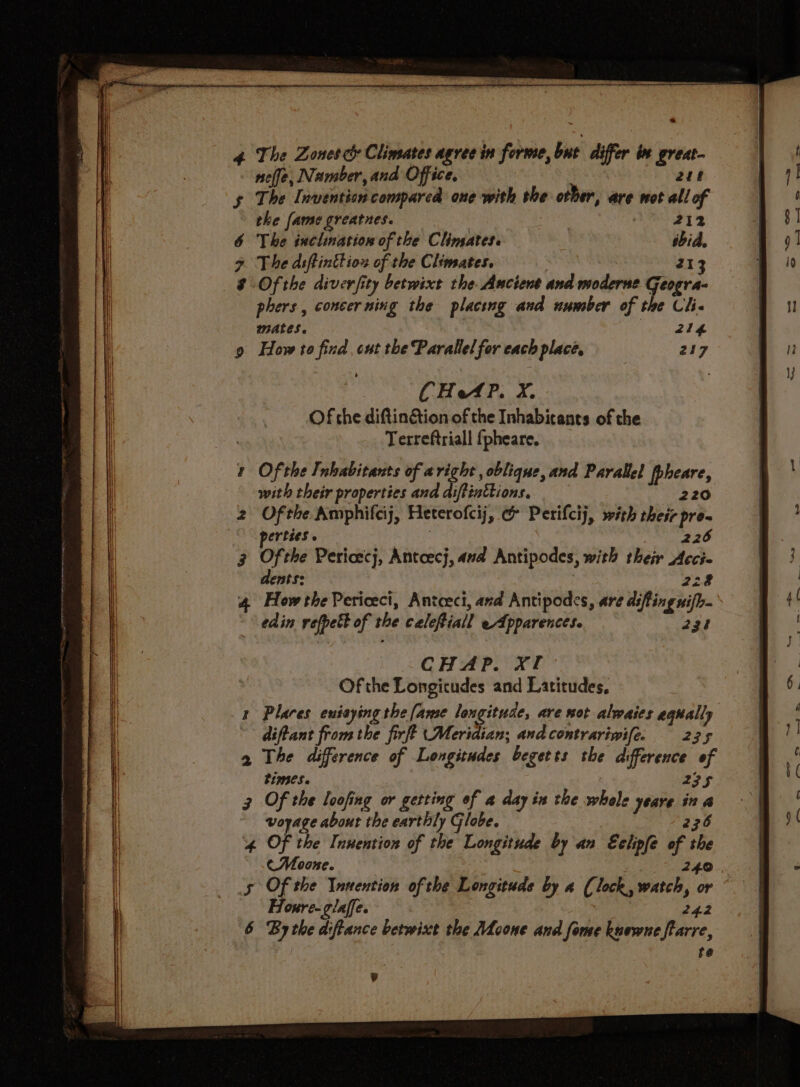 nefje, Namber, and Office. | | 2ut 5 The Invention comparcd one with the other, are wot all of the fame greatnes. | ae 3 e 6 The inclination of the Clinsates. sbid. 9% The dsftinttion of the Climates. 213 8 Of the diverfity betwixt the. Ancient and moderne Geogra- phers , concerning the placing and number of the Cli. mates. 214 9 How te find cut the Parallel for each placé, 217 . CHeAP. X. Of che diftin&amp;ion of the Inhabicants of che Terreftriall {pheare. t Ofthe Inhabitants of aright , oblique, and Parallel fpheare, with their properties and aiftinttions. 220 2 Ofthe Amphifcij, Heterofcij, @&amp; Perifcij, with their pre- pertses ° : 226 3 Ofthe Pericecj, Antcecj, avd Antipodes, with their Acci- dents: | 228 4 Howthe Periceci, Antceci, and Antipodes, are difingnifh- edin refpett of the calefiall eApparences. 238 CHAP. XT Of the Longicudes and Latitudes, 1 Plares euiaying the [anse longitude, are sot alwaies equally diftant from the firft (Meridian; andcontrariwife. 235 2 The difference of Longitudes begetts the difference of times. 235 3 Of the loofing or getting of a day in the whole yeave in a ' wopage about the eartily Globe. 276 4 Of the Innention of the Longitude by an Eclipfé of the Moone. 24.0 5 Of the Inuention of the Longitude by a (lock, watch, or Honre-glaffe. 242 6 Bythe diftance betwixt the Moone and forme kuewne ftarre, te