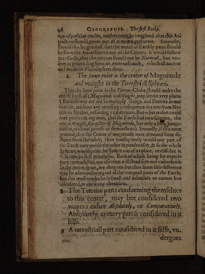 GroGRAPHuTrE , The fwft Booke. ; out. of pofitiue caufes, neither can; bbe imagined: that this Acs traction fhaould grow. out of a; mesinprivation, “Secondly; fhould rhis.be gs ranted, that the motid of Earthly parts fhould be fromthe Actractiue vertuc. ofthe Centers. ict would follow neceflasily that this mozion fhouldnot-be Natarall, bur vio- leatsas proc ceding: from. an externalcanle,, W bid allanciene and moderne Philofophers deny. au 2. Lhe fame point is the-center of} Magnitude and waight inthe Terrefirtill S ee _ That the fame-point inthe Terre Globe, thould make the cent er both of Magnitud: and Waig rhe may comme very plains I Becaufe wee are not tomuitiply ‘things and Entities in-out conceit, without any neceflary, confequence drawne from Na- ture or Reafon, enforcing vs thereunto. But-what reafon could euer perfw ade any man, “hac the Earth had two re ee the one o: Warght, the.other t Of Magnitude, but onlya bare Imagi- nation, without proofe or demontiratié, Secondly if this. were aranted sthat the Center of magnitude, were remoued fome di- Rance fromthe other; thea tonfeg: ‘ently would-one part of the Earth ouer-poizethelother it ponderofity,&amp; fo the whole SF heare would,citaer, be fliaken out of itsplace, ordiffoluc it elfeingodrs fi; principles. Both.of which being by-experi= gace Fsonnaicesa our affertion will ad plese and horton bf Bolg te. pro apy. iscsi non Br: The Tetrene pats conforming chien félties ‘to this Geriter | may: bee. coulidered: two wayes :,either Abjolutely or. Comparatively. rere agetiery Getic con fidered iit it. bei iarchet oe 9 A vorcclia lipaite cont dered in it. ee : ) ‘dergoes.