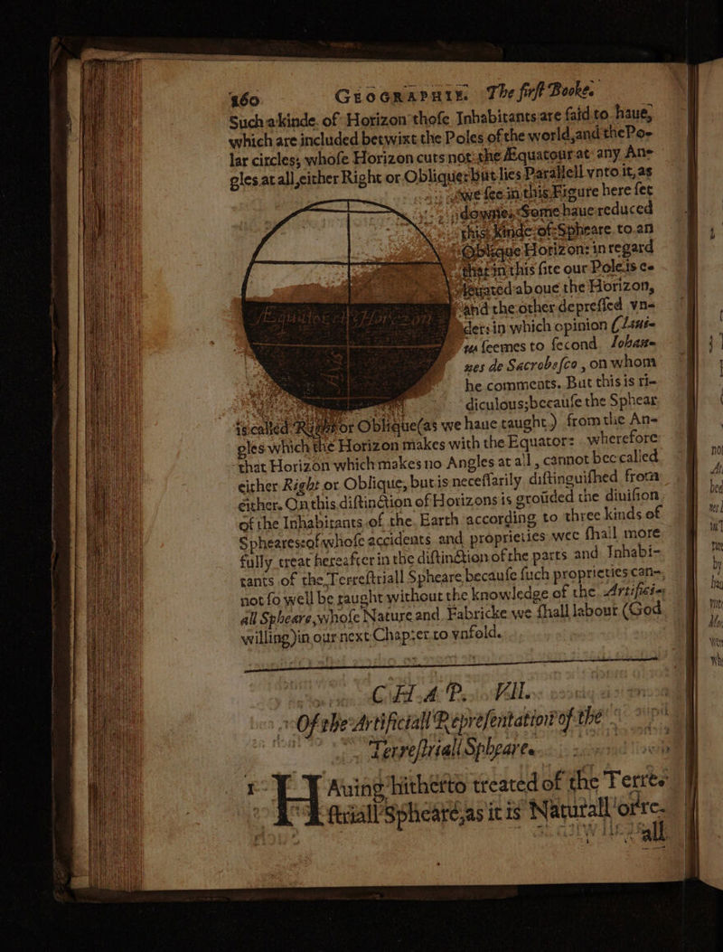 Such akinde. of Horizon’thofe Inhabitants:are faid to haue, which are included betwixt the Poles of the world,and thePoe lar circles, whofe Horizon cuts not:the Aquatourat any Ans a | eles atall either Right or.O bliques bat lies Parallell vnto it,as | ee 1a) at = a ee 7 7 a a @ ee Q &gt; ta ee &gt; 2 3 m ” TT? © &gt; a) o =) eo. S Ny BS 8 ewe = —SS—«sicuslloss;becaufetheSphear =) ‘scaled Rageeor Oblique(as we haue caught.) fromtlic of ice oles which the Horizon makes with the Equator: wherefore: 5, ‘that Horizon which makes no Angles at ail, cannot beccalled mw 4 either Right or Oblique, butis neceflarily diftinguifhed froma Bs. either. Onthis diftinion of Horizons 1s groiided the ab igh A of the Inhabirants.of the, Barth according to three kinds Pa i Sphearessof whofe accidents and proprietics wee ee wes Fr fully treat hereafter in the diftingtion ofthe parts and Inhabi I i, cants of the Terreftriall Spheare becaufe {uch proprictiescani=; ba not fo well be raught without the knowledge of the argneis | i: all Spheare whofe Nature and. Fabricke we fhall labour (God. ~ a i, willing )in ournext Chapser.to vofold. Bl ve eel ye 1 a yy CFA Ps. VAL | of ohe Artifictall Reprefentatiow of ees | Terrefriall Sphearee.: sce oon Auing hitherto treated of the Ferree fixiall Spheate,as it 1s pipe beie r aah ‘eR , . ihe taal . a