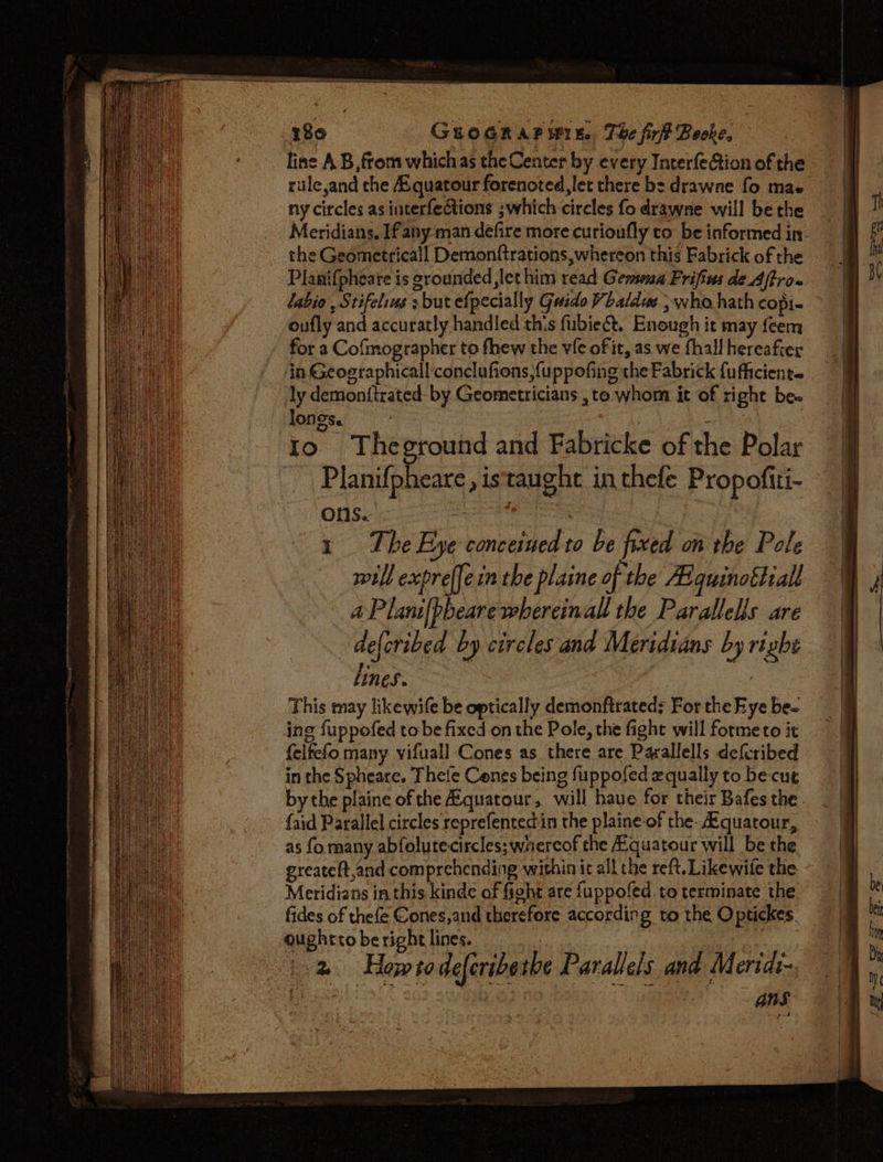 line A B, from which as the Center by every Interfection of the rule,and the Equatour forenoted,let there be drawne fo mae ny circles as interfections ; which circles fo drawne will be the Meridians, If any man defire more curioufly to: be informed in: the Geometricail Demonftrations,whereon this Fabrick of the Planifpheate is grounded let him read Gemna Frifius de Affro- labio , Stifeling s but efpecially Guido Vbatdue , who hath copi- oufly and accuratly handled this fubiect. Enough it may feem for a Cofmographer to fhew the vie of it, as we fhall hereafter ‘in Geographicall conclufions,fuppofing the Fabrick fuficiente ly demontftrated- by Geometricians , to whom it of right be. longs. 3 7 “7th , Io The er and Fabricke of the Polar Planifpheare, istaught in thefe Propofiti- ons. ss . 1 The Eye conceined to be fixed on the Pole will expre[jein the plaine of the Aiquinothiall aPlani{pbearewhereinall the Parallelis are deferibed by circles ana Meridians by right lines. This may likewife be optically demonftrated; For the Eye be- ine fuppofed to be fixed on the Pole, the fight will formeto it {elfefo many vifuall Cones as there are Parallells decribed in the Spheare. Thefe Cones being fuppofed zqually to be- cue by the plaine of the Aquatour, will haue for their Bafes the {aid Parallel circles roprefentedin the plaine-of the. Equatour, as fo many abfolute-circles;wnercof the Fquatour will be the greateft,and comprehending within it all the reft.Likewife the - Meridians in this kinde of fight are fuppofed.to terminate the fides of thefe Cones,and therefore according to the Optickes. oughtto be right lines. | cy, 2. Howtodeferibethe Parallels and Meridi~- ans