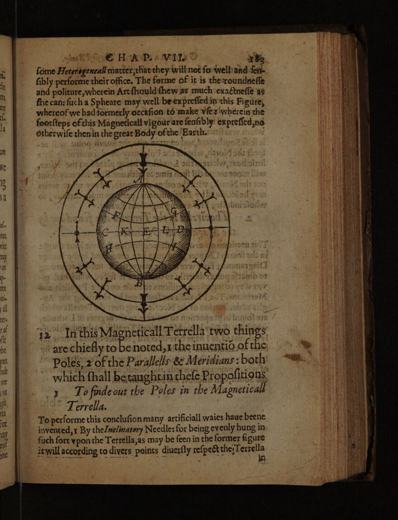 foime Heteragencal marter,chavthey willnot fo welband fee fibly performe their office. The forme of it is theroundnefle and politure,wherein Artfhouldthew as much-exadtnefle a8 fhe can: fucha Spheare may well beexprefied inthis Figure, whereof we had formerly oecafion té make Wfes ‘wherein the foorfteps of chis Magneticall vigour are fenfibly: ex preficd,no. otherwife thenin the great Body of the Earth. ‘ arechiefly to benoted,1 the inuentio.of the Poles: '2’of thé Parallels 8 Meriaians : both _ which fhall beraughein thefe Propofitions, -y Tofindeout the Poles in the Magneticals Terrella. | To performe this conclufion many artificial waies haue beene invented,1 By the/ne/inatory Needle: for being.ev enly hung in. fach fort ypon the Terrella,as may be feen in the former figure itwill according to divers points diuerfly refpect therTerrella . in.