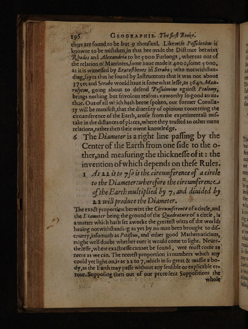 195 GEocRapute, The firh Books, there arefoundto be but 9 thoufand. Likewile Pofidoniws ig “ Rhodes and Alexandria to be 5e00 Furlongs , whereas ont of the relation of Marriners,fome haue made it 4000,fome 5 000, as itis witnefled by Eratoffhenes in Strabe; who-notwithftane- ding, fayes that he found by Inftruments that it was not aboue 3750;and Strabo would hauc it fomewhat leffe,as 3640. A4ahs relycus, going about to defend Poffidonins againit Prolomy, brings nothing but frivolous reafons vaworthy fogood au airs thor. Outofall which hath beene {poken, our former Corolla- ry will be manifeft,that the diuerfity of opinions concerning the circumference of the Earth, arofe fromthe experimentall mif+ take in the diftances of places, wherethey trufted to other mens relations, rather then their owne knowledge. 6 The Diameter isari oht line pafling by the - Center of the Earth from one fide to the o- ther,and meafuring the thicknefleof it: the invention of which depends on thefe Rules. 1 As22 isto xfoisthe.circumference of acircle to the Diameter:wherefore the circumferences 2.2 will produce the Diameter. The exact proportion betwixt the Céreumference ofa circle,and amatter which hathrfet aworke the greateft witts of the worlds having notwithftanding as yet by no man been brought to dif- dy,as the Earth may paffe without any fenfible or explicable ere a | | ta | Df . : is 1 ey ) mm py |