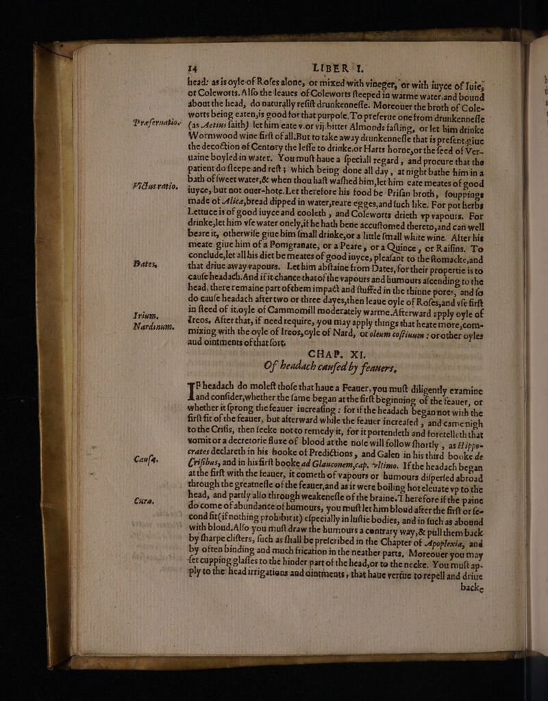 Preferudtio. Bates, Trinm, Nardinum. Cura, r4 LIBER’L. head: asis oyle-of Rofes alone, or mixed with vineger, or with inyce of Tuie, ot Coleworts. Alfo the‘leaues of Coleworts fteeped in warme water,and bound aboutthe head, do naturally refift drunkennefle. Moreover the broth of Cole» worts beiag eaten,is good for that purpole. To preferue one from drunkennefle (as Aetins faith) let him eate v.or vij.bitter Almonds fafling, or let him drinke Wormwood wine firft of all.But totake away drunkennefle that is prefent,ciue the decoction ef Centory the leffe to driake,or Harts horne,or the feed of Ver- waine boyledin water. Youmuft havea {peciall regard , and procure that the patient do ficepe.and reft; which being done all day, at night bathe him ina bath of (weet water,&amp; when thou haft wafhed him, lethim eate meates of good iuyce, but not ouer-hote.Let therefore his food be Prifan broth, fouppings Lettuce is of good iuyceand cooleth , and Coleworts drieth vp vapours. For drinke,let him vfe water onely, it he hath bene accuftomed thereto,and can well beareit, otherwife giue bim {mall drinke,or a little fmall white wine. After his meate, give him of a Pomegranate, or a Peare » ora Quince, or Raifins. To conclude, let all his diet be meates of good iuyce; pleafant to the iomacke,and that driuc away-vapours. Lechim abftaine from Dates, for their propertie is to caufeheadach.And ifit-chancethatofthe vapours and bumouts afcending to the head, there remaine part ofthem impact and ftuffed in the thinne pores, and {fo do caufe headach aftertwo or three dayes,then leaue oyle of Rofes,and vie firft in feed of it,oyle of Cammomill moderately warme.Afterward epply oyle of Zreos. After that, if aced require, you May apply things that heate more,coms mixing with the oyle of Ireos, oyle of Nard, or oleam coftinsim s orotber oyles aud ointments of that fort. “ Fheadach do moleft thofe that hauea Feauer, you mutt diligently examine Tina confider,whether the fame began atthe firtt beginning of the feauer, or whether it {prong thefeauer increafing : for ifthe headach began not with the firft fic of the feauer, but afterward while the feauer increafed > and¢amenigh tothe Crifis, then fecke notto remedyit, for it portendeth and foretelleth that vomit or a decretorie luxe of blood atthe note will follow thortly , as Hippe= crates declareth in his booke of Prediétions , and Galen in his third booke de Criftbus, and in hisfirlt booke ad Glauconem,cap. vitimo. If the headach began at the firft with the teauer, it cometh of vapours or humours difperfed abroad through the greatnefle of the feauer,and asit were boiling hot cleuate vp to the head, and partly allo through weakenefle of the braine.'T herefore if the paine do come of abundance of humours, you muftlethim blowd after the firft or {e~ cond fit(ifnothing probibirit) efpecially in luftic bodies, and in fuch as abound with bloud.Alfo you muft draw the humours a centrary way,&amp; pull them back. by tharpeclifters, fach as fhall be prefcribed in the Chapter of Apoplexiz, and by often binding and much frication in the neather pasts, Moreouer you may fet cupping glafles to the hinder part of the head,or te thenecke. You rouft ap- ply to the’ head wsrigations and ointments » that haue vertive to repell and driue back c —_=.