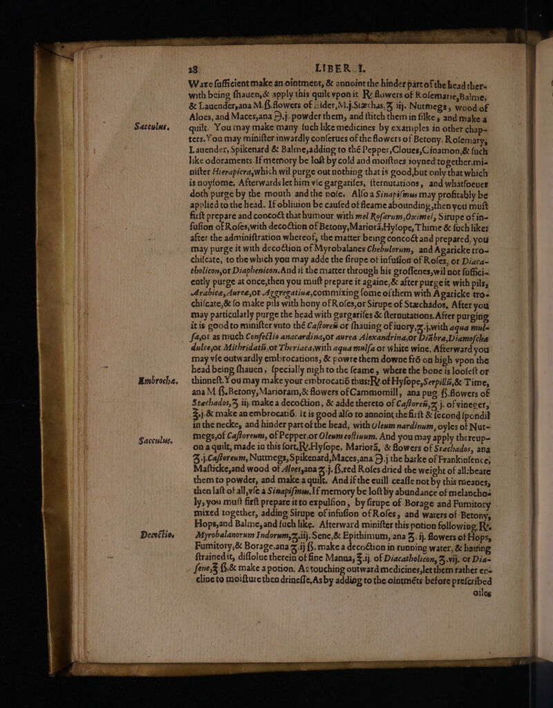 Sacculus, Embroche. Sacculus. Decettion Ware fufficient make an ointment, & annoiot the hinder partofthe head thers with being fhauen,& apply this quilt vponit Ry lowers of Rofemarie,Balme, & Lauender,ana M.f§.flowers of Lider,M.j.Stachas,% 1ij. Nutmegs, wood.of Aloes, and Maces,ana }),j. powder them, and {titch them in filke, and make a quilt. You inay make many fuch like medicines by examples in other chap- ters. You may minifter inwardly conferues of the flowers of Betony, Rofemary; Lauender, Spikenard & Balme,adding to thé Pepper,Cloues,Cinamon,& fuch like odoraments If memory be loft by cold and moiftnes ioyned together,mis nifter Arerapicra,which wil purge out nothing that is good,but only that which is noyfome, Afterwards let him vie gargarifes, {ternutations, and whatfoeuer doth purge by the mouth andthe nole. Alfo.a Sinapifimus may profitably be applied to the head. If obliuion be caufed of fleame abounding then you muft firft prepare and concoct that humour with mel Rofarum,Oximel, Sirupe'ofin= fufion of Rofes,with decoction of Betony,Mariora,Hyfope, T hime & fuch likes after the adminiftration whereof, the matter being concoé and prepared, you may purge it with decotion of Myrobalanes-Chebulorum, and Agaricke tro= chifcate, to the which you may adde the firupe ot infufiomof Rofes, or Diaca- tholicon,or Diaphenicon.And it the matter through his groflenes,wil not fuffici« eotly purge at once,then you mutt prepare it againe,& after purceit with pils, Arabice,Auree,ot Aggregatiue commixing fome ofthem with Agaricke troe chifcate,& fo make pils with hony of Rofes,or Sirupe of Stachados, After you may particularly purge the head with gargarifes & {ternutations. After purging itis goodto minifter vnto thé Caforex or fhauing of iuory,z j.with aqua mula fa,or as much Confectis anacardina,ot aurea Alexandrina,or Diabra,Diamofcha dulceor Mithridatis,or Theriaca,with aqua mulfa or white wine, Afterward you may vic outwardly embrocations, & powre them downe fr6 on high vpon the head being fhauen, {pecially nigh to the feame, where the bonc is loofeft or thioneft. ¥ ou may make your embrocatiéd thus:Ry.of Hyfope, Serpill#,& Time, ana M. {§.Betony, Marioram,& flowers of Cammomill, ana pug. {}. flowers of Stachados,3, ii) make a deco€tion, & adde thereto of Caftores,Z j. of vinecer, 3,j.& make an embrocatié. it is good alfo to annoint che firft & {econd {pondil inthe necke, and hinder partofthe head, with Ulewm nardinum, oyles of Nut- megs,of Cafforewm, of Peppersor Olewm coltiuum. And you may apply thereup= on a quilt, made 10 this fort, Rv.Hyfope, Mariora, & flowers of Stechados, ana 3 j.Caftoreum, Nutmegs, Spikenard,Maces,ana +).j the barke of Frankinfence; Mafticke,and wood of Aloes,ana Si {5,red Rofes dried the weight of all:beate them to powder, and make a quilt. And ifthe euill ceaflenot by this rieanes, then laft of all wie a Simapifmus.1f memory be loft by abundance of melanchos ly, you mutt firft prepare itto expulfion, by firupe of Borage and Fumitory mixed together, adding Sirupe of infufion of Rofes, and waters of Betony, Hops,and Bale, and fuch like. Afterward minifter this potion following. R’ Myrobalanorum Indorum,7 ii). Sene,& Epithinyum, ana 3. ij. flowers of Hops, Pumitory,& Borage.ana 2. ij {. make a deco€tion in running water, & hating ftrainedit, diflolue therein of fine Manna, 3.ij. of Diacatholicon, 3.vij. Or Dia~ fene;Z {3.& make a potion. Astouching outward medicines, let them rather ens cline to moifture then drinefle,Asby adding to the ointméts before preferibed Giles