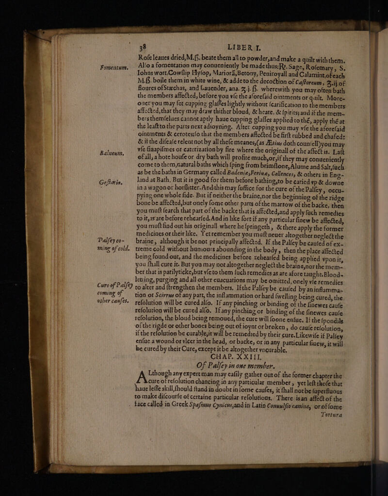 Fomentunt, Rofe leaues dried,M.{6. beate them all to powder,and make a quilt with them. Allo a fomentation may conueniently be made thus:Ry. Sage, Rofemary, S, Balzeuin, Geftat 10, Palfey co~ ming of cold. Cure of Palfey coming of other causes. M.&. boile them in white wine, & addeto the decoétion of Caftoreum, B.ij.of floures ofStechas, and Lauender, ana. %.). $. wherewith you may often bath the members affeCted, before you vie the aforefaid ointments or guilt, More- ouer you may fet cupping glaffes lightly without (carification to the members aff:Gted, that they may draw thither bloud, 8 heate, & (pirits; and if the mem- bersthemfelues cannot aptly haue cupping glafles applied to thé, apply thé at ointments & cerotes;{o that the members affected be firft rubbed and chafed: & if the difeafe relent not by all thefe meanes,(as Altius doth countell)you may vie fiaapifmes or catcrization by fire where the original of the affe&t is. Lat ofall, a hote houfe or dry bath will profite much, or,if they may conueniently come to them, natural baths which {ping from brimfton ¢,Alume and Salt,fach as be the baths in Germany called Badenie;Feriue, Cellences, & others in Ene- land at Bath, But it is good for them before bathing,to be caried vp & downe in a wagonor horflicter. Andthis may fuffice for the cure of the Palfey , occu- pyiag one whole fide. But if neither the braine,nor the beginning of the ridge bone be affected, but onely fome other parts. ofthe marrow of the backe, then you muft fearch that part of the backe that is affe€ted,and apply fuch remedies to it, asare before rehearfed. And in like fort if any particular finew be affefted, you muft fiad out his originall where he {pringeth, &there apply the former medicines or their like. Yet remember you muft neuer altogether negleétthe braine, although it benot principally affected, If the Palfey be cauted of ex- treme cold without humours abounding in the body, then the place affected being found out, and the medicines before rehearfed being applied vponir, you fhall cure it. But you may not altogether neglectthe braine,northe mem- ber that 1s parilyticke,but vfeto them fuch remedies as are afore taughe.Blood- letting, purging and all other ewacuations may be omitted, onely vie remedies to alter and ftrengthen the members, Ifthe Palfcybe cauled by aninflammas tion of Scirrus of any part, the inflammation orhard {welling being cured, the. refolution willbe cured alfo. If any pinching or binding of the finewes caute refolution will be cured alfo. If any pinching or binding of the finewes caule refolution, the bloud being remoued, the cure will foone eafue. If the {pondils of the rigde or other bones being out of ioynt or broken, do caufe refolution, if the refolution be curable, it will be remedied by their cure.Likewile if Paliey enfue a wound or vicer inthe head, or backe, or in any particular fnew, it will be cured by their Cure, except itbe altogether yneurable, CHAP. XXIII, Of Palfey.in one member. Abieest any expert mac may cafily gather out of the former chapter the Acure of refolution chancing in any particular member , yct left thofe that haue leffe skill, fhould ftand in doubt in fome caufes, it fhall norbe faperfluous to make difcourfe of certaine particular refolutions. There isan affeGtof the Tertura