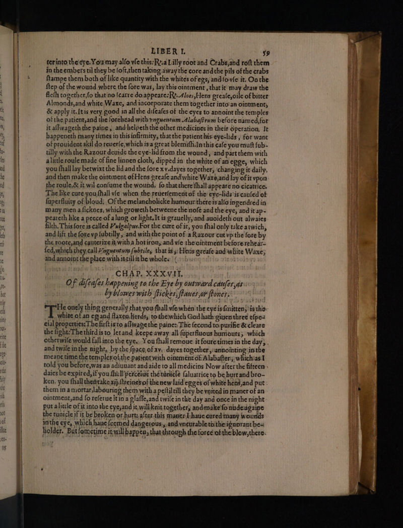 terinto the'cye. You'may alfo vfethis:Ry.a Lillyroot and Crabs,abd roftthem ftampe them both of like quantity with the whites of egs, and fo-vie it. Oo the {tep of the wound where the fore was, lay this ointment, that it’ may draw the fiefh together,fo that no {carre do.appeare:R’..4loes,Hens greale,oile of bitter Almonds,and white Waxe, and incorporate them together into:an ointment, &amp; apply it. [tis very good in all the difeafes of the eyes to annoint the temples of the patient,and the forehead with yngwentum Alabafirum before named, for it aflwageth the paine, andhelpeth the other medicinesin their operation, It happeneth maoy times in this infirmity, thatthe patient his eye-lids , for want of provident skil do reverle,which isa great blemith.In this cafe you mutt fub- tilly with the Razour deuide the eye-lidfrom the wound, and part them with alittle roule made of fine linnen cloth, dippedin the white of an egge, which you hall lay betwixt the lid and the fore x v.dayes together, ‘changing it daily, and then make the ointment of Hens greafe and'white Waxe,and lay of it vpon. the roule,&amp; it wil confume the wound, fothatthere'fhall appeare no cicatrice. The like cure you fhall vfe when the reuerfement of the’ eye-lids*is caufed of faperfluity of bloud, Of the melancholicke humour there is alfo ingendred in many mena ficknes, which groweth betweene the nofe and the:eye, and it ap- filch. This fore is-called Vulgalpzs.For the cure of it, you thal only tske atwich, and lift the fore vp {ubtilly , and with the point of 3 Razour cut vp'the fore by the roote,and cauterize it; with a hotiron, and vie theoihtment before rchear- fed, which they,call Haguentum fubriles that is 5: Hens greafe and white Waxe, and annoint the place with ittillitbe wholes | (| d od puleys te tot, CHAP. XX XV ET : 7 Of difeafes happening to the Eye by outward cdufesyas.: “titawer byblowes with ftickes, faues,ar hones.’ pir onsly thing generally that you-hall wlewhen the eye isfinitten}!is the: white of an egand flaxen, Herds; tothewhich God hath-giuenthree efpes cial properties: The firftis'to aflwabethe painen The fecond to purifie &amp;cleare the fight:The third isto letand keepe away all fuperfluous huniours; which otherwife would fall into the eye., You fhall remoue it fouretimes in the day. and twile inthe night, by the {pace of xv. dayes together, :annointing<inthe meane time, the templesiof.the patient with ointment of Alabafters; whichias.t told you before,was aa adiuuant and aide to all medicins Now after the fifteen : daics be expired, if you fhell perceive thé tunicle faluatrice to be hure and bro- ken, you hall thentake xij-{treinesof the new laid egges of white hens,and put; them in a mortar,labouring them with a peitilrill they. be vnited in maner of an ointment,and fo referue it in a glaffe,aad twile in the day and once in the night - put alitile of it into the eye;and it. willkait together; andmake'fo nudeagaine the tunicleifit be broken or.burt: after this maner Lhaue cured many wounds inthe eye, which have fecmed dangerous., and vneurable tothe ignorant be= holder. But fometime it,willbappen, that through the foree ofthe blow,there.