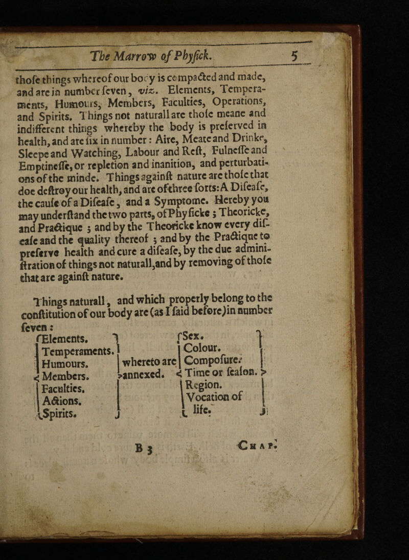 thofc things whereof our booy is ce mpa&ed and made, and are in number feven, viz,. Elements, Tempera¬ ments, Humours, Members, Faculties, Operations, and Spirits. Things not naturallarc thole meane and indifferent things whereby the body is preferved in health, and arc fix in number: Aire, Meatcand Drinke, Slcepeand Watching, Labour and Reft, Fulnefleand Emptineflc,or repletion and inanition, and perturbati¬ ons of the mindc. Thingsagainft nature are thole that doc deftroy our health, and are ofthtee forts: ADifeale, the caule of a Dileafe, and a Sy mptomc. Hereby yon may underftand the two parts, ofPbylicke; Theoricke, and Pratique $ and by the Theoricke know every dit- eale and the quality thereof ; and by the Pra&iqne to preferve health and cure adifeafe,by the due admrm- ftration of things not natutall,and by removing of thole that arc againft nature. Things naturall, and which properly belong to the conftitution of our body arc (as I faid before; in number feven: , ^Elements. 1 fSex* | j Colour. *. whereto are | Compofurc/ J j annexed. < Time or lealon. > i 1 Temperaments. Humours. < Members. | Faculties. S A<Sions. {.Spirits. | R«gion. f 1 Vocation of 1 life.