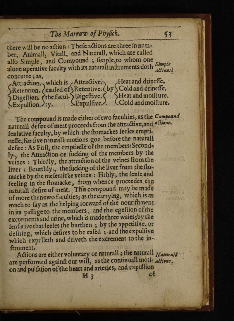 there will be no a&ion: Thefe anions arc three in num¬ ber, Animall, Vitall, and Natural!, which arc called alfo Simple, and Compound •, fimplc,to whom one . alone operative faculty with its naturall inftruments doth a^^tasi concurre ; as, . . •Attia&ion.-s which is -.AttradivtV) -Heat and drjneflc. ,Retention, /caufcd oARetcntive.t by \ Cold and drinefle. Digeftion. (“thefacul-SDigeftive.C SHeat andmoifture. 5sExpulfion.)ty>. EPvnnifiu,-./ SExpulfivc.^ CCold and moifture. The compound is made either of two faculties, as the Cemfound naturall dt fire of meat proceeds from the attra<ftivc,and fenlativc faculty, by which the ftomackes fccles empti- neflc,for five naturall motions goc before the naturall defire: As Fir ft, the emptinffe of the mcmbers:Sccond-. ly, the Attra&ion or fucking of the members by the veines : Thirdly, the attraction of the veines from the liver : Fourthly >, the fucking of the liver from the fto- raackeby the meferaicke veines : Fithly, thcfenlcand feeling in the ftomackc, from whence procccdes the naturall defire of meat. This compound may be mad® of more then two faculties; as the carrying, which is as much to fay as the helping forward of the nourifhmcnt in its paflageto the members, and the egeftionorthc excrements and urine, which is made three waiesjby the fen fat i ve that fecks the burthen ; by the appetitive or defiring, which dcfircs to be eafed ; and thccxpulfive which cxpellcth and driveth the excrement to the in-. ftrument. t , . Actions arc either voluntary or naturall 5 the naturall arc performed againft our will* as the continuall inoti* aliens * on and pulfation of the heart and arteries, and txpulhon H 3 9* ■