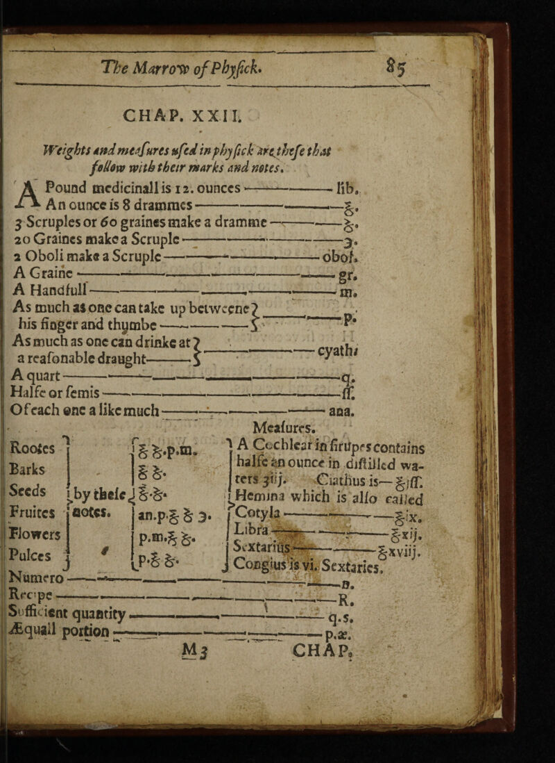 follow with their marks and netes. A Pound medicinall is 12. ounces --- fib. An ounce is 8 drammes 3 Scruples or 60 grainesmake a dramme 20 Graines make a Scruple 2 Oboli make a Scruple A Grairic — A Handful! As much as one can take up bctwecnc? _ his finger and thymbe ---- As much as one can drinkc at a rcafonable draught A quart-- Halfe or femis - O f each @ne a like much_ Meafures. Roofcs Barks r , h h- §&• Seeds t_by tbele ,J %-h 1A Cochlear in firupcscontains halfe rcrSji | Henun i wft Fruitcs notes. «* Flowers Pulces Numero Rec'pe § h 3' p.m.% P’S Sufficient quantity iEquail portion — --—- q.S. —— p.a;. CHAP,