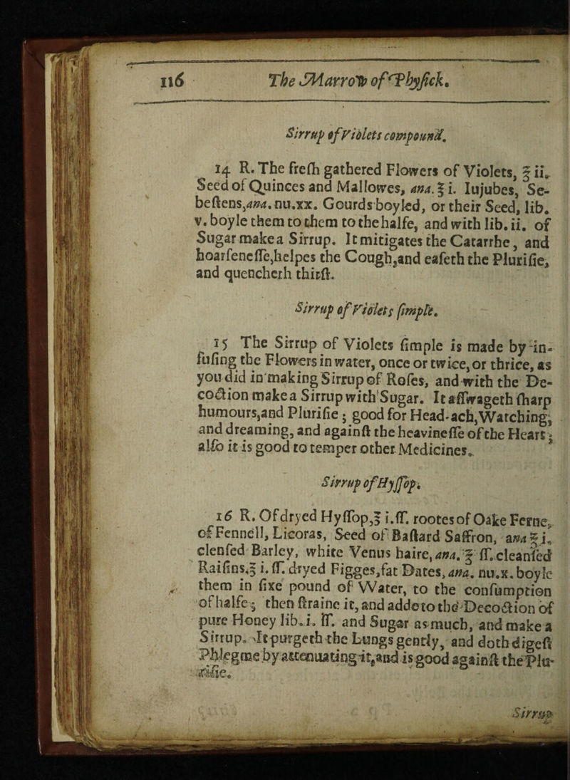 Sirrup ofFiilets compound. 14 R. The frefh gathered Flowers of Violets, § ii„ Seed of Quinces and Mallowes, am. f i. Iujubes, Sc- beftens,<w4. nu.xx. Gourds boyled, or their Seed, lib. v. boy le them to them to the halfe, and with lib. ii. of Sugar make a Sirrup. It mitigates the Catarrhe, and hoarfencfl^helpes the Cough,and eafeth the Plurifie, and quenchcrh third. Sirrup of Fields fmpte, 15 The Sirrup of Violets fimple is made by in¬ filling the Flowers in water, once or twice, or thrice, as you did in making Sirrup ©fRofes, and with the De- co$ion make a Sirrup with'Sugar. Itaffwagethfharp humours,and Plurifie; good for Head-ach,Watching, and dreaming, and againft the heavineffe of the Heart • alfo it is good to temper other Medicines. * Simp ofHyflop. 16 R. Ofdryed Hy(Top,f i.(T. rootesof OakeFerne of Fennell, Licoras, Seed of Baftard Saffron, clenfed Barley, white Venus haire, am.% IT. cleanfed Raifins*; i. IT dryed Figges,fat Dates, ana. nu.x.boyle them in fixe pound of Water, to the confumption ofhalfe j then ftraine it, and addeto the'Decodlion of pure Honey lib.i. if. and Sugar as much, and make a Sirrup. It purge th the Lungs gently, and dotbdigeft Phlegme,byaMenuatingit(aad is good againft thePlu* wire.  - Sinm