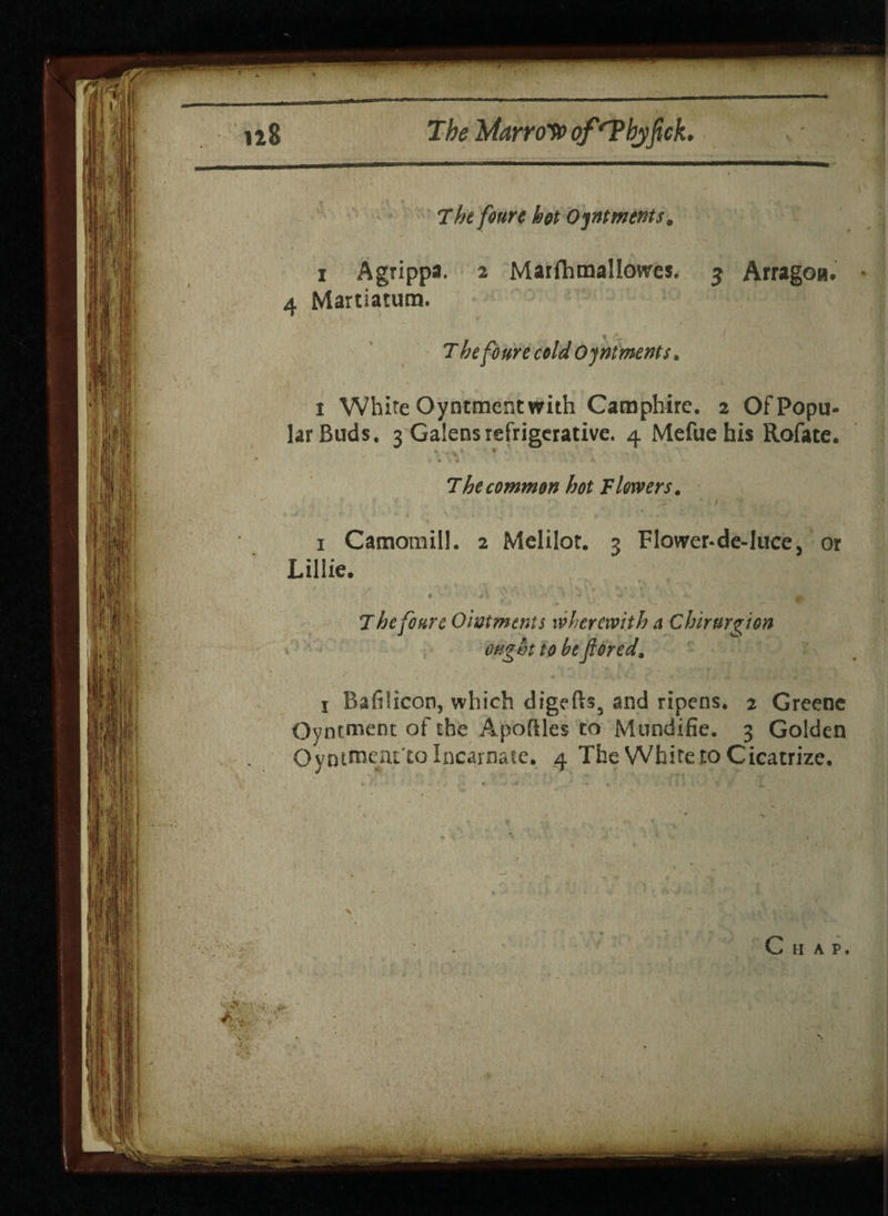 7 he fours hot Ointments. i Agrippa. 2 Marfhmallowes. 3 Arragoa. 4 Martiatum. 7 he foure cold Ointments. • ' ' -\ - . * . 1 White Oyntment with Camphire. 2 Of Popu¬ lar Buds. 3 Galensrefrigerative. 4 Mefuehis Rofate. The common hot Flowers. y f v : jX' • / '* *■ 1  \ ^ • . a- . ' .. 1 Camotnill. 2 Melilot. 3 Flower-de-luce, or Lillie. • ' * \ » ! v . v / * ^ Thefottrc Ointments wherewith a Chirurgton ought to be fiored, 1 Bafilicon, which digefts3 and ripens, 2 Greene Oyntment of the Apoftles to Mundifie. 3 Golden O-yntrocnt'to Incarnate, 4 The White to Cicatrize. Chap.