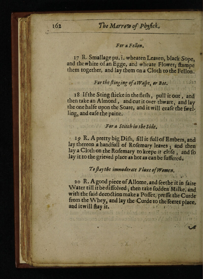 and the white ofanEgge, and wheate Flower; ftanjpe them together, and lay them on a Cloth to the Fellon. For the flinging oft Wnjfe, or Bee, 18 If the Sting fticke in the flefh, pull it out, and then take an A Imond, and cut it over thwart, and lay the one halfe upon the Soare, and it will ceafe the fwel* ling, and eafe the paine. Fer a Stitch in the Side. l9 R* A pretty big Difh, fill it fullof Embers, and lay thereon a handfull of Roferoary leaves . and then lay a Cloth ©n the Rofemary to keepe it dole, and fo lay it to the grieved place as hot as can be fuffered, * * .1 T»ft ay the immodtrAte F luxe of Women. V- v 20 R. AgoodpieceofAllome,andfeetheitin faire Water till it bediffolved; then take fodden Milke, and with the faid deco&ionmakea Poflet, prefle the Curde from the Wheys and lay the Curde to ace. and itwillftay it.