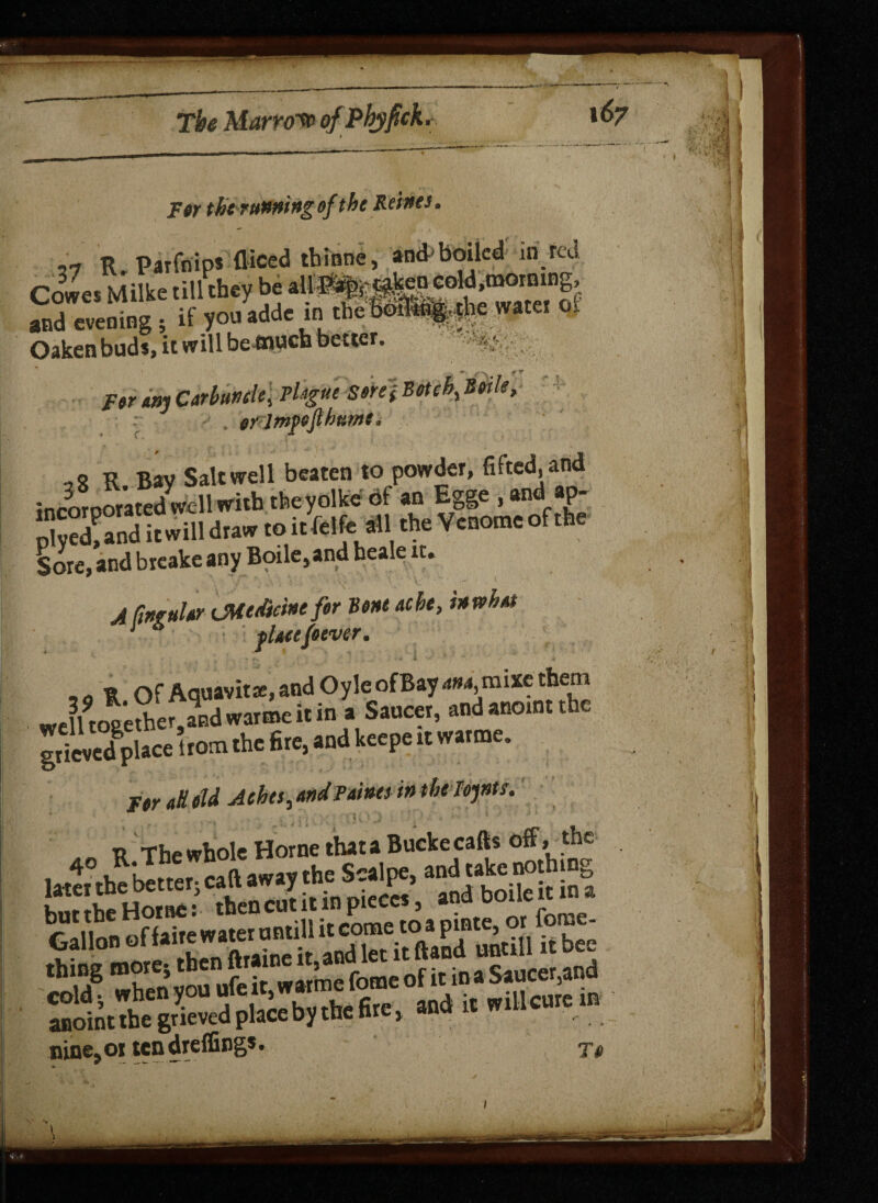 Far tht'TuMingof the Reines. -- R Parfnips fliced tbinne, and boiled in red dL Milke Af £ *«#MjSg? and evening; if you adde ir1 the brnte^# water oi Oaken buds, it will be40«cb better. v‘ J* ? * Ftr am Carbuncle, Thgut smj Batch, Stile, r - , §r lmpofihnms, R b*v Salt well beaten to powder, fifted.and incorooratedwell with they dike of an Egge , andap- plSdlt will draw to itW* the Vcnome of the Sore, and breake any Boile,and beale it. j fiurultr (Medicine fer Bent ache, into hat & placefoever. 90 1. Of Aquavit*, and OyleofBay am,mixe them we UoaeSe vnd warnve it in a Saucer, and anoint the gtYeved&place t rom the fire, and keepe it warme. Ftr afield Aches, and Paines in thelojnts. n The whole Horne that a Buckecafts off, the Gallon of faire water untill it come to a pmte or fome anoint the grieved place by the tire > nine, ot ten drelfings.
