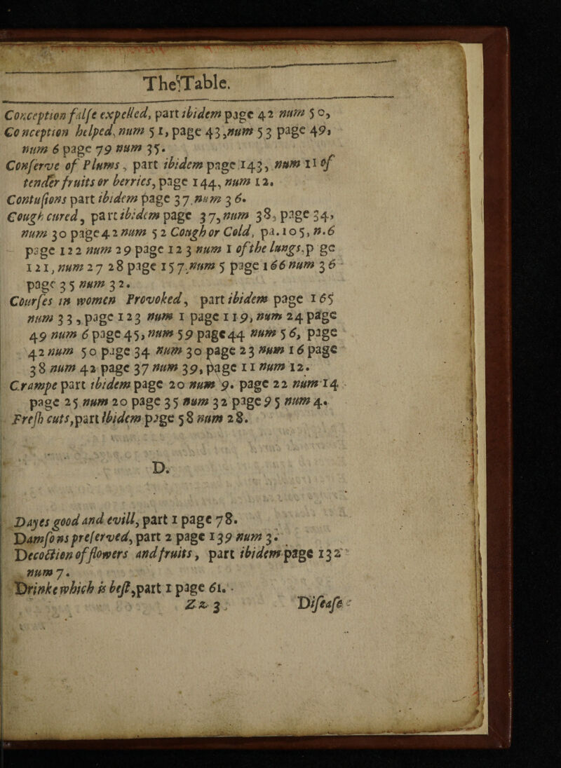 Conception fldfc expelled, part ibidem page 42 num 5 o, Co nceptton helped, mm 51, page 4 3 ,num 5 3 page 49> num 6 page 79 num 35. Conserve of Plums, part ibidem page 143, #»»* tender fruits or berries, page 144,#«>»x 2. Contuftons part ibidem page 37 num 3 6. Cough cured, rpzntbidcm page 3 7,»#z» 38, page 34, num $0 pige42num ^2 Cough or Cold, pa. 105,0.6' page x 2 2 2 9 page 123 »#/* I of the lungs.p gc 121, 2728 page 15 j. mm 5 page 166 num 3 6 • page 3 5 ##>» 3 2. Cotirfes in women Provoked, part ibidem page 165 num 3 3, page 123 mm 1 page 119, mm 24 page 49 num 6page45, mm 59 page44 num$6, page 42 5 o page 34 num 30 page 2 3 »#*» 16 page 3 8 num 42 page 37 num 39, page 11 num 12. Crampe part ibidem page 20 num 9. page 22 num 14 page 25 num 20 page 35 num 32 page? 5 num 4. Frejb cuts,part Ibidem page 5 8 2 8. D. Dayes good and evill, part 1 page 78. Damfonspreferred, part 2 page 13? num 3. Decoffien of flowers and fruits, part ibidem page 132 numy. 'Drinketvhioh is btfl,pn\. 1 page 61.