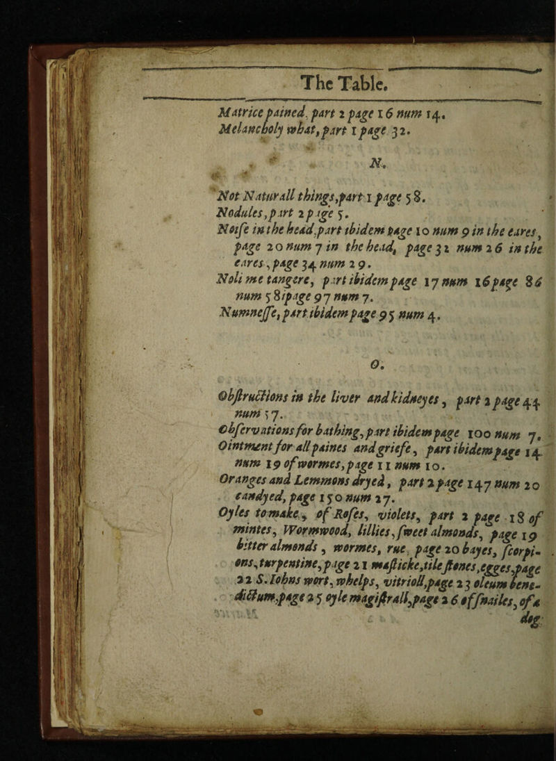 ■aians The Table. Matrice Mined, part 2 page 16 num Melancholy what,part 1 page 32. m * ♦ •**.? n. 'Not Naturall things,part 1 page 5 8. Nodules ,p art 2page 5. , ‘ Noife in the head fart ibidem page 10 num p in the eares■ page 2 o num 7 in the headt page 31 num 2 6 in the eares, page 34 num 2 9. Noli me tangere, p rt ibidem page iy num 1$pa^e 8d mm 5 8ipage 9 7 num 7. Numneffei part ibidem page p j 4, QhftruSHons in the liver and kidney es, pitf 2 page 44 €t?fer vat ions for bathing, part ibidem page 100 num je Ointmint for all paines andgriefe, part ibidem page 14 Ip of wormesypage 11 10. Oranges and Lemmons dryed, part 2page 147 num 2 0 candyedt page 150 2 7. Oyles tomake y of Rofes, violets, part 2 page 18 of mintes, Wormwood, lillies,fweet almonds, page ip hitter almonds, wormes, rue, page 20 bayes, fcorpN ons,turpentine,page 21 m*fiicke,tilcpncs,eggcs/age 22 S. lohns wort, whelps, vitriol!,page 23 oleum len§~