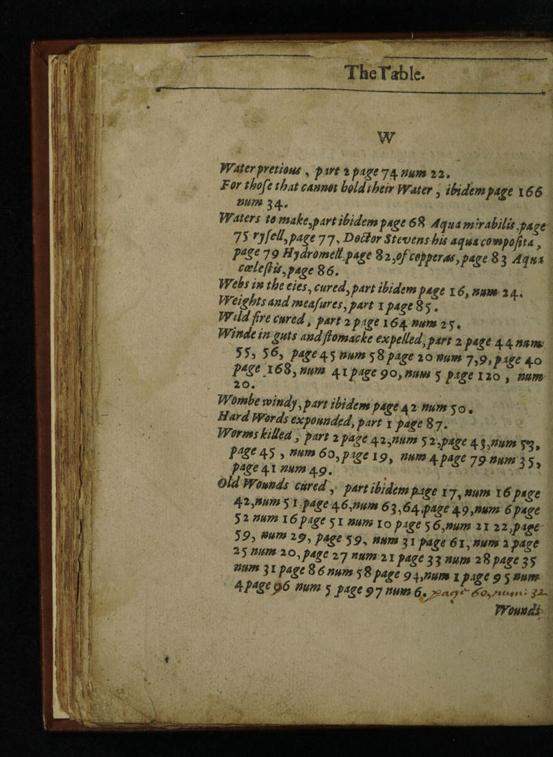 '• ' ’ -|C ■- W TheTablc W Water pretious, /> trt r page 74 22. F or tkoft that cannot bold their Water > ibidem part 166 mm 34, * tf makeup art ibidem page 6% Aqua m-rabilis page IS rJfell, page 7 7, Doctor Stevens his aquacowpofita t page 79 Hfdrometlpage Zi,of copperas page 83 Aqua cade fits page 86. 1 f/<w, cured part ibidem page 18, #*» 24. Weights and meafures, part 1 pageS^. Wildfire cured, part ipage 164 num 27, andftomacke expelled, part 2 page 4 4 55j 5^j page45 58page 1 o »«** 7i9,page 40 page i68, mm pipage90,mm 5 page 120 , #»/» 20. Wounds t