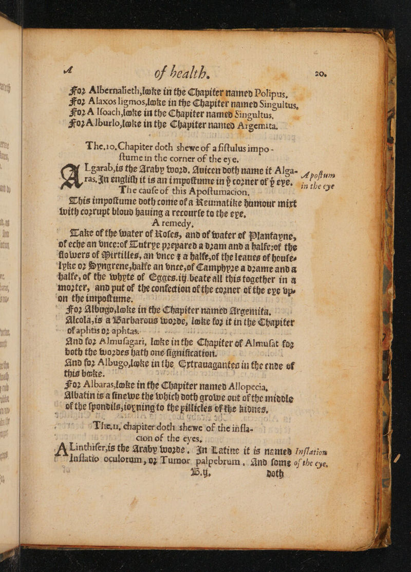 4 of health. 20. Foz Albernalicth lake in the Chapiter named Polipus. Foz Alaxos ligmos, le in the Chapiter named Singultus, Foꝛ A loach loke in the Chapiter named Singultus, F07A lburloloke inthe Chapiter named Argemita. The. 10. Chapiter doth shewe of a fiſtulus impo - ſtume in the corner of the eye. Lgarab, is the Araby woꝛd. uicen doth name it Alga- 4 pofium A ras, In engliſh it is an impoſtume in f corer of p eye. The caufe of this Apoftumacion, 8 This impoſtume doth come of a Reumatike humour mixt with coꝛrupt bloud hauing a recourſe to the eve, A remedy, 3 Take of the water of Noles, and of water of Plantapne ol eche an vnce:ol Tutrye pꝛepared a dꝛam and a halfe:of the flowers of Pirtilles, an vnce ¢ a halle, ok the leaues of houle⸗ Ipke 02 Spnarene,balfe an vnte, ol Camphyꝛe a dꝛame and a halke, of the whyte ol Egges.iij beate all this together in a moser, and put of the confection ofthe tozner ol the eve vp⸗ on the impoſtume. | oF | Ifoꝛ Atbugosloke in the Chapiter named Argemita. Alcola, is a Barbarous woꝛde, loke fo2 it in the Chapiter of aphtis bg aphta ss And for Almufagari, lake in the Chapiter of Almuſat fez both the woꝛdes hath one ſigniſication. 10164 And for Albugo, loke in the Extrauagantes in the ende of this baͤke. akte | Foz Albaras,loke in the Chapiter named Allopecia. Albatin is a ſinewe the which doth growe out of the middle ol the ſpondils, ioyning to the pillicles of the kidnes. in the eye Tlie. u. chapiter dotli sbewe of the infla- 5 cion of the eyes. AA Linthifer,ts the Araby wo2de, In Latine it is named Inflation Iflatio oculorum , oꝛ Tumor palpebrum , And fome of the eye, 70 B. ii. doth