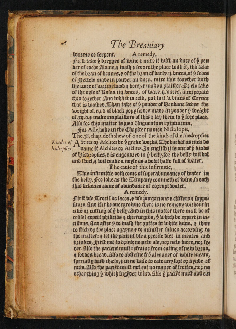 woꝛme oꝛ ferpent. A remedy. HE Sirk take p dꝛegges of wine ¢ mire it with an vnte of p pow | * der of roche Alome, wah r ſcoure the place with it, tha take | i of the bꝛan of beanes,¢ of the bꝛan of barly ij. vnces, ot p ſedes of frettels made in pouder an Once, mire this together with the iuice of woꝛmewod ¢ honp, x make a plaiſter. O els fake of the ople ot Roles. iiij.vnces, of waxe.ij. vnces, incozpoꝛate this together. And wha it is cold, put to it. b. vnces of Ceruce 1 that is waſhed. Than take of p pouder of Henbane ſeedes the a : weight ok. xij.d.ot black popy ſeedes made in pouder p weight | of.ry.d.¢ make emplaiſters of this t lay them to p ſoʒe place. at Al(o fog this matter is god Unguentum egiptiacum. 7 Foz Afle,lwke in the Chapiter named Nicta lopis. The. 38. chap. doth shew of one of the kinds of the hiedropſies 1 Kindes of A Stites oz Aſclites be p greke woꝛds. Che barbarus men do 1 bidropſies name it Alchites oz Aſclites. In engliſh it is one of p kinds of Miedꝛepſies, is engendꝛed in p bellp, ſoꝛ the belly wil bol and wel, xc wil make a noyſe as a botel balfe full of water. T he cauſe of this infirmitie, . This tnfirmitie doth come of ſuperabundance of water in the belly. Foꝛ loke as the Timpanꝝ commeth of wind, ſo doth this fickenes came of abundance ok cozrupt water. A remedy. Firſt ofe Trociſ.de latea, ⁊ ble purgacions x cliſters ¢ ſuppo⸗ litoꝛs. And ik it be ouergrowne there is no remedy without in ciſid oʒ cutting of p belly. And in this matter there muſt be of cofifel expert phificids ⁊ chierurgiõs. d which be expert in ine ciſtons. And after p ta walk the guttes in white wine, € than to ſtich vp the place agapne € to miniſter ſalues accoꝛding to b : the matter: ¢ let the pacient ble a pꝛeciſe diet in meates and a , dꝛinkes. Fir not to dꝛink no new ale, noꝛ new beere, noꝛ {ye | | der. Alſo the pacient mult refraine from eating of new bead, t ſodden bꝛead. Allo to abſteine frõ al maner of white meats, {pectally hard cheſe, ᷑ in no wile fo cate any fort oꝛ kynde cf nuts. Alſo the paciẽt muſt not eat no maner ol kruites, no ne ether thina p which ingẽder wind. Allo p paciẽt mud abi eun Fite „